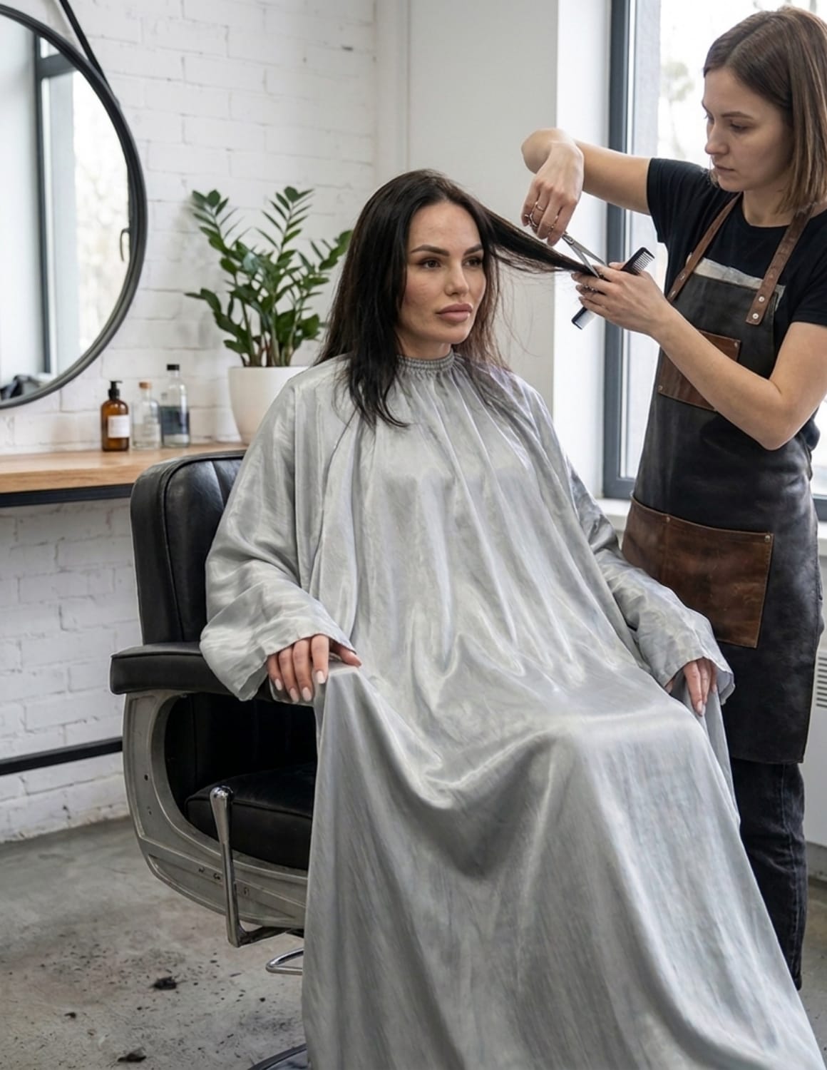Premium satinbarberkappa med kimono-armöppningar och sidenlook – Utan logotyp | Frisörkappa & satinkappa