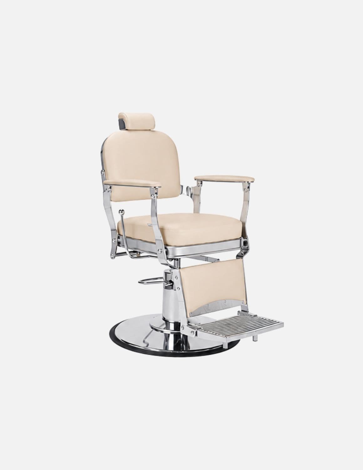 Atelier — Beiger Barberstuhl & Friseurstuhl im minimalistischen Design | Schlanker Hydraulikstuhl mit neigbarer Rückenlehne — Gestell in Chrom oder Mattschwarz
