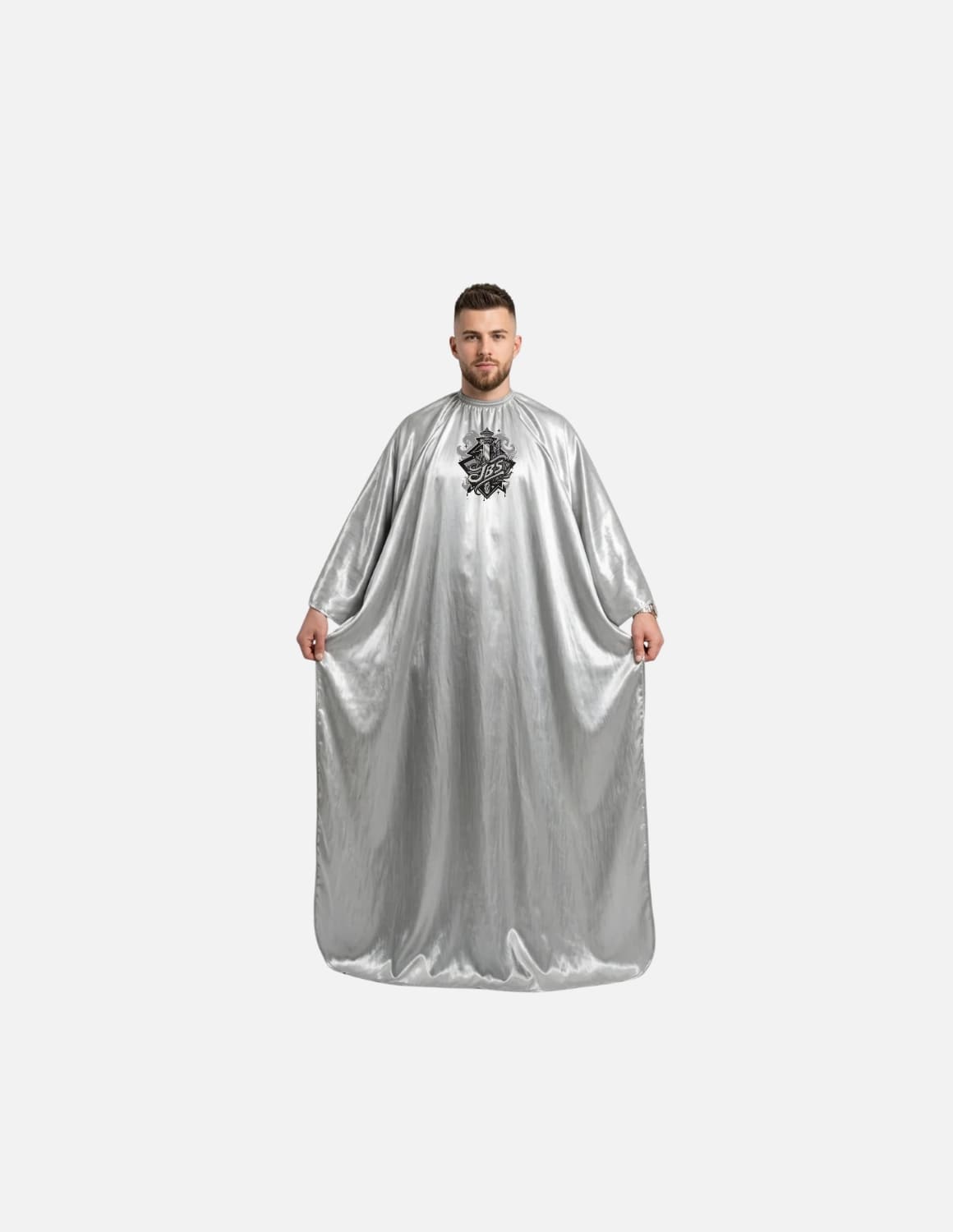 Premium satinbarberkappa med kimono-armöppningar och sidenlook – Broderad med din logotyp | Frisörkappa & satinkappa