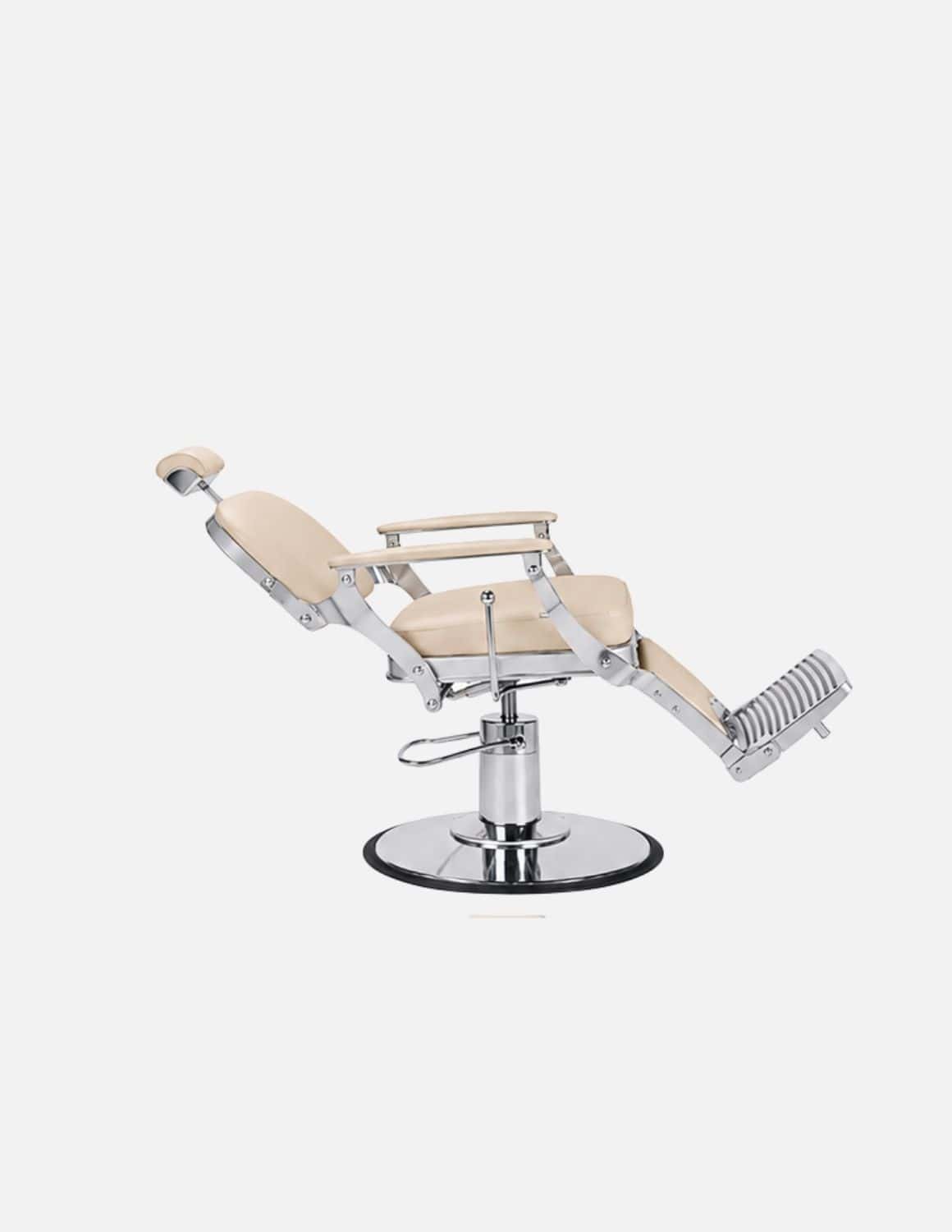 Atelier — Beiger Barberstuhl & Friseurstuhl im minimalistischen Design | Schlanker Hydraulikstuhl mit neigbarer Rückenlehne — Gestell in Chrom oder Mattschwarz