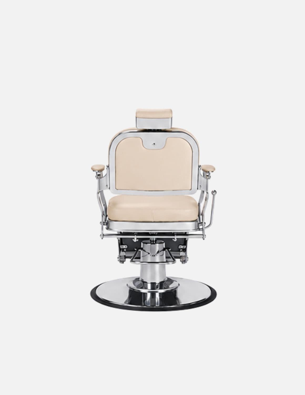 Atelier — Beiger Barberstuhl & Friseurstuhl im minimalistischen Design | Schlanker Hydraulikstuhl mit neigbarer Rückenlehne — Gestell in Chrom oder Mattschwarz