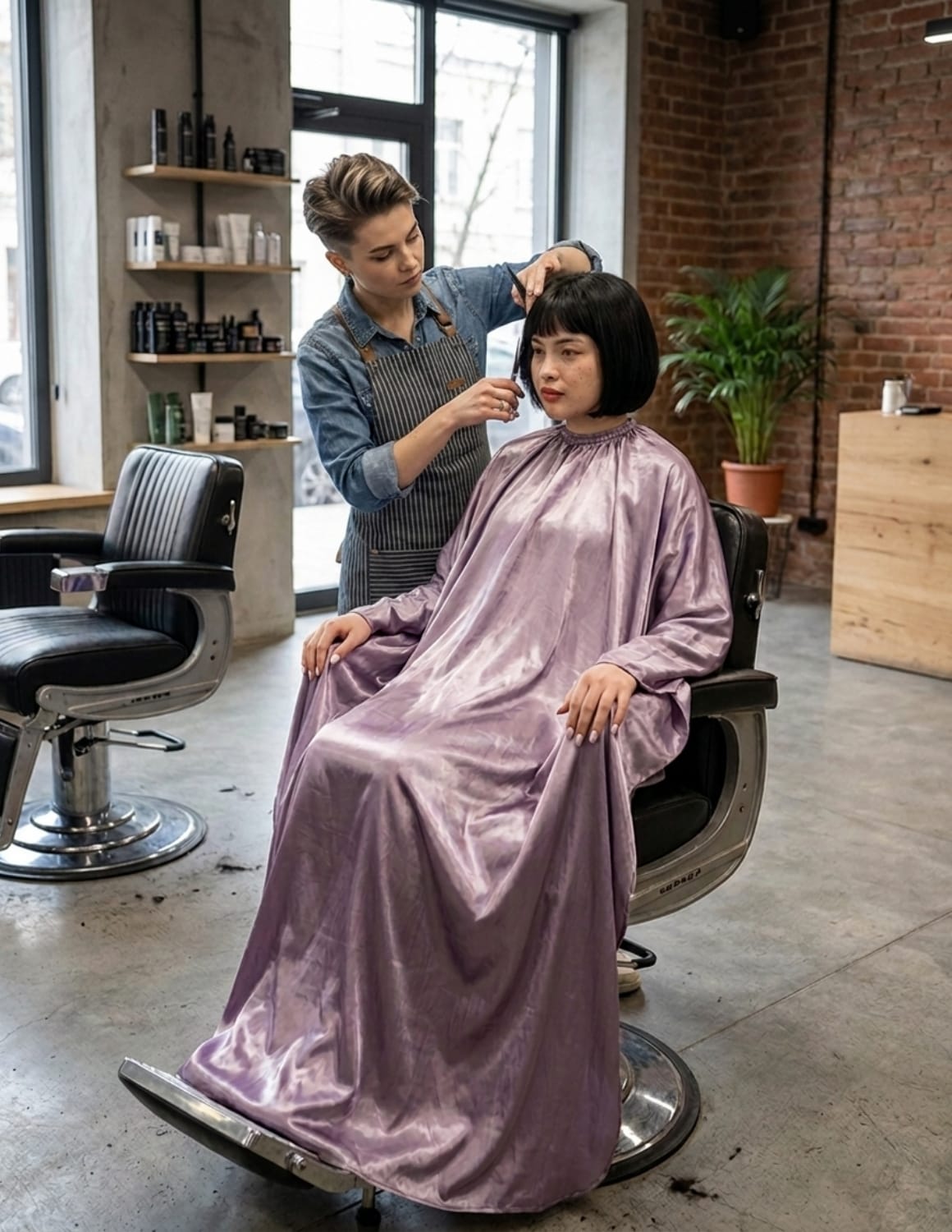 Premium satinbarberkappa med kimono-armöppningar och sidenlook – Utan logotyp | Frisörkappa & satinkappa