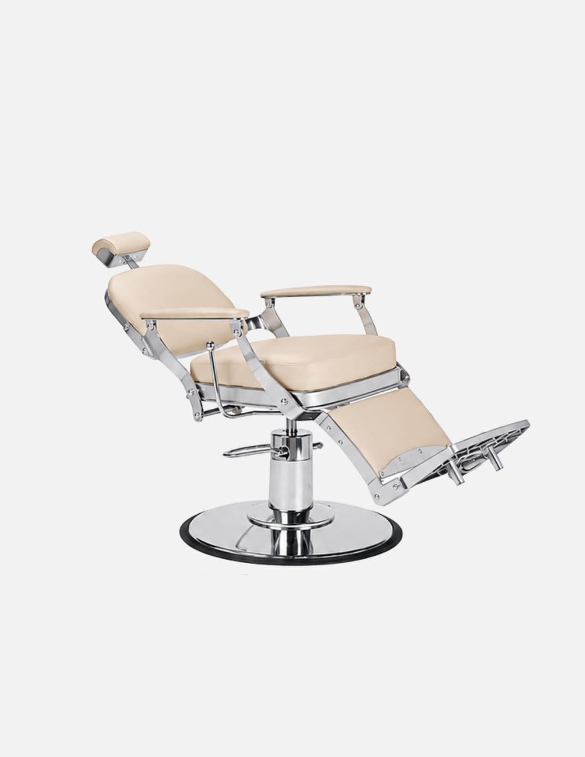 Atelier — Beiger Barberstuhl & Friseurstuhl im minimalistischen Design | Schlanker Hydraulikstuhl mit neigbarer Rückenlehne — Gestell in Chrom oder Mattschwarz