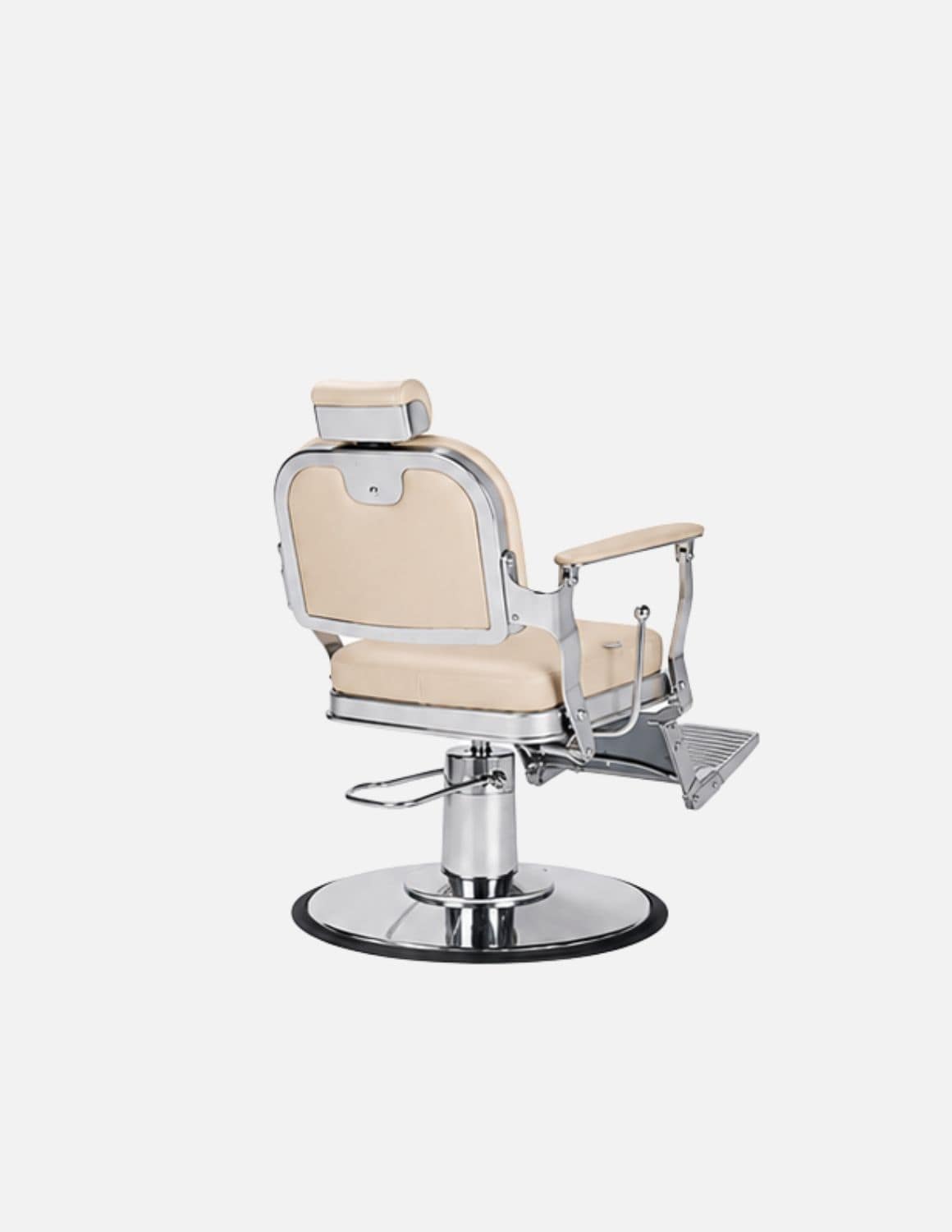 Atelier — Beiger Barberstuhl & Friseurstuhl im minimalistischen Design | Schlanker Hydraulikstuhl mit neigbarer Rückenlehne — Gestell in Chrom oder Mattschwarz