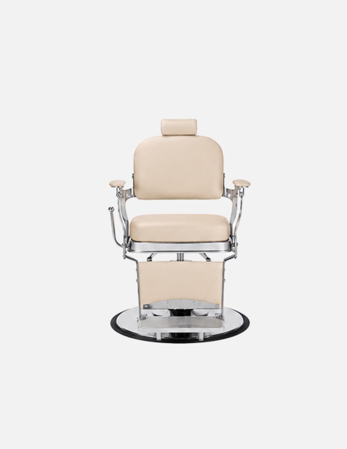 Atelier — Beiger Barberstuhl & Friseurstuhl im minimalistischen Design | Schlanker Hydraulikstuhl mit neigbarer Rückenlehne — Gestell in Chrom oder Mattschwarz