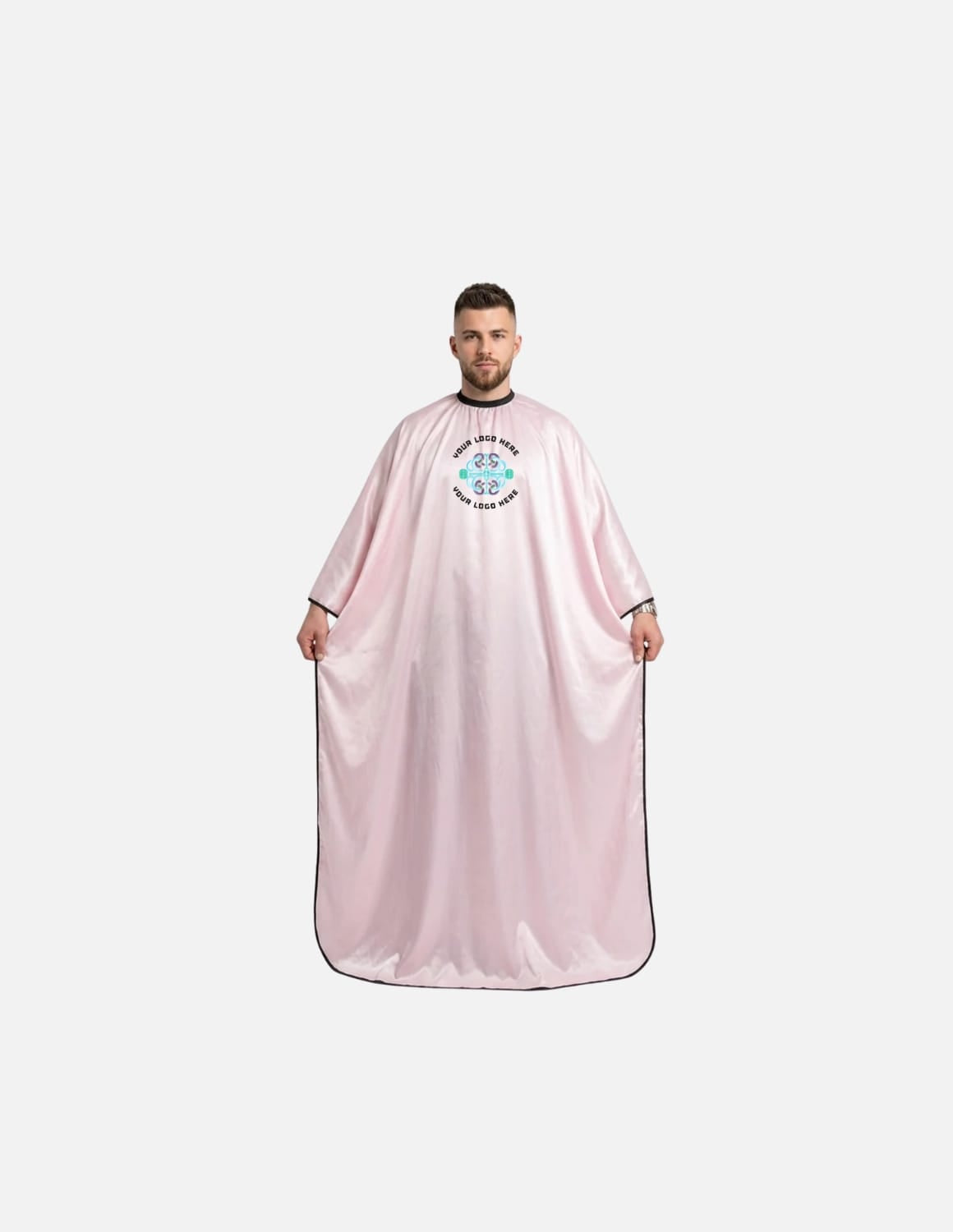 Premium satinbarberkappa med kimono-armöppningar och sidenlook – Broderad med din logotyp | Frisörkappa & satinkappa