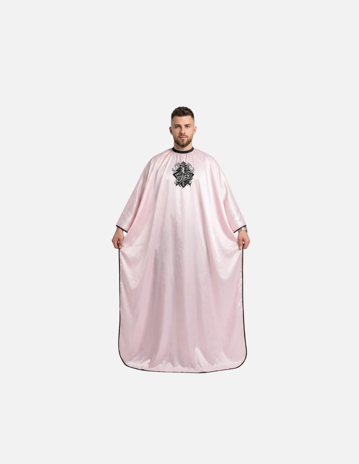 Premium satinbarberkappa med kimono-armöppningar och sidenlook – Broderad med din logotyp | Frisörkappa & satinkappa