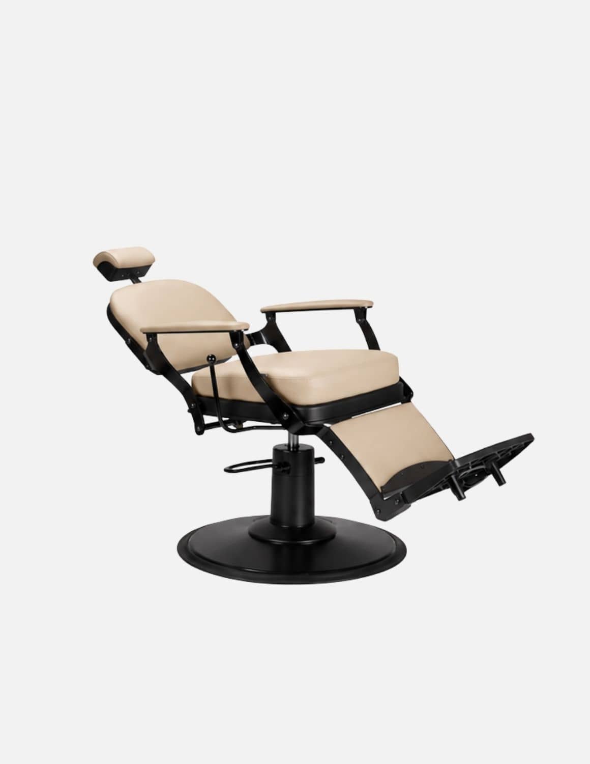 Atelier — Beiger Barberstuhl & Friseurstuhl im minimalistischen Design | Schlanker Hydraulikstuhl mit neigbarer Rückenlehne — Gestell in Chrom oder Mattschwarz