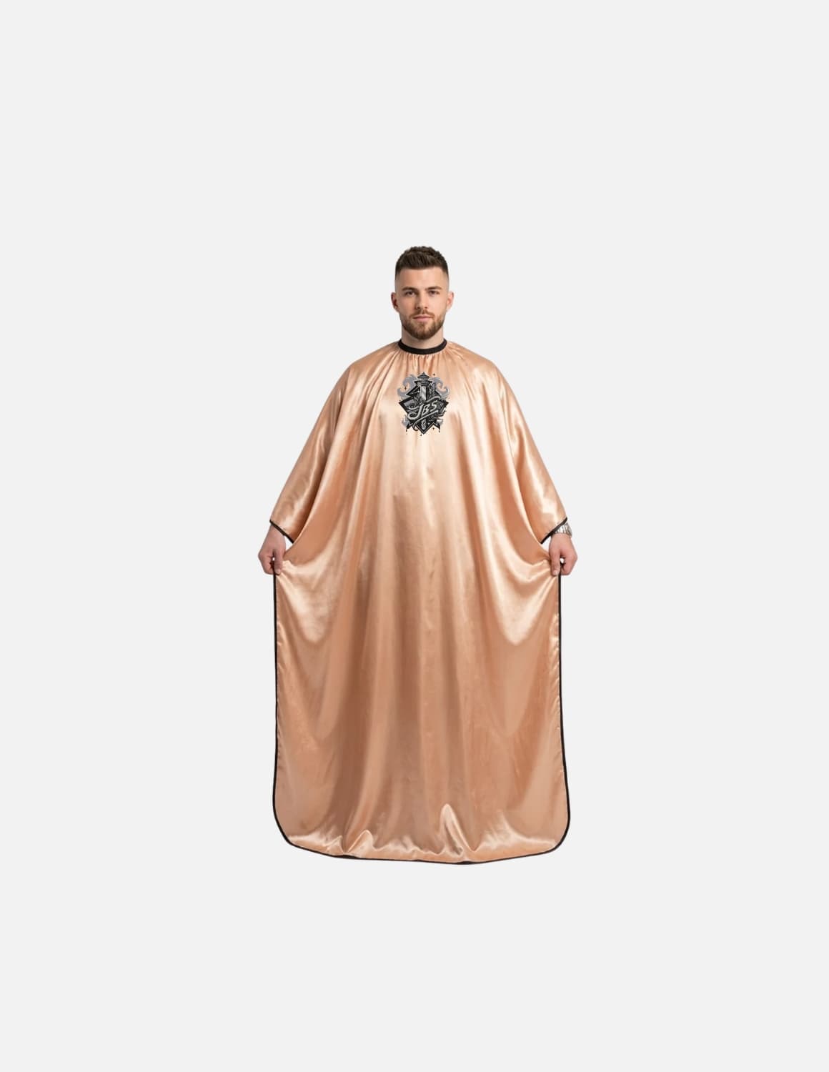 Premium satinbarberkappa med kimono-armöppningar och sidenlook – Broderad med din logotyp | Frisörkappa & satinkappa
