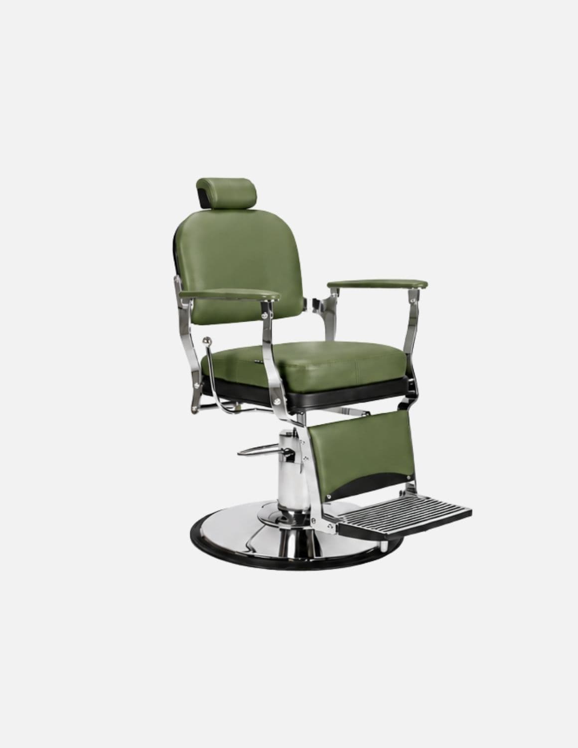 Atelier — Green Professional Barber Chair | Minimalist Barber Chair with Reclining Backrest for Modern Barbershops & Hair Salons | Chrome or Matte Black Frame