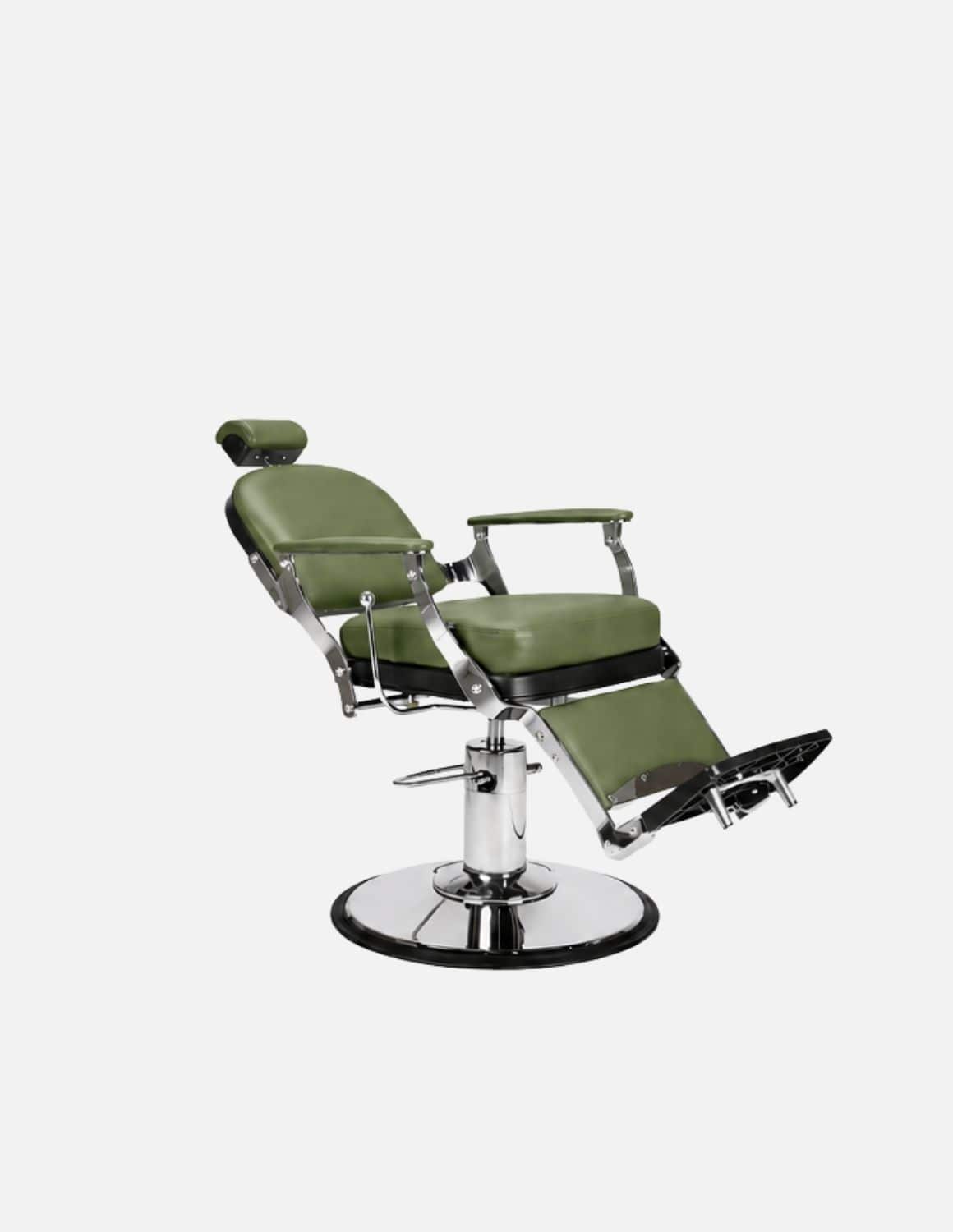 Atelier — Green Professional Barber Chair | Minimalist Barber Chair with Reclining Backrest for Modern Barbershops & Hair Salons | Chrome or Matte Black Frame
