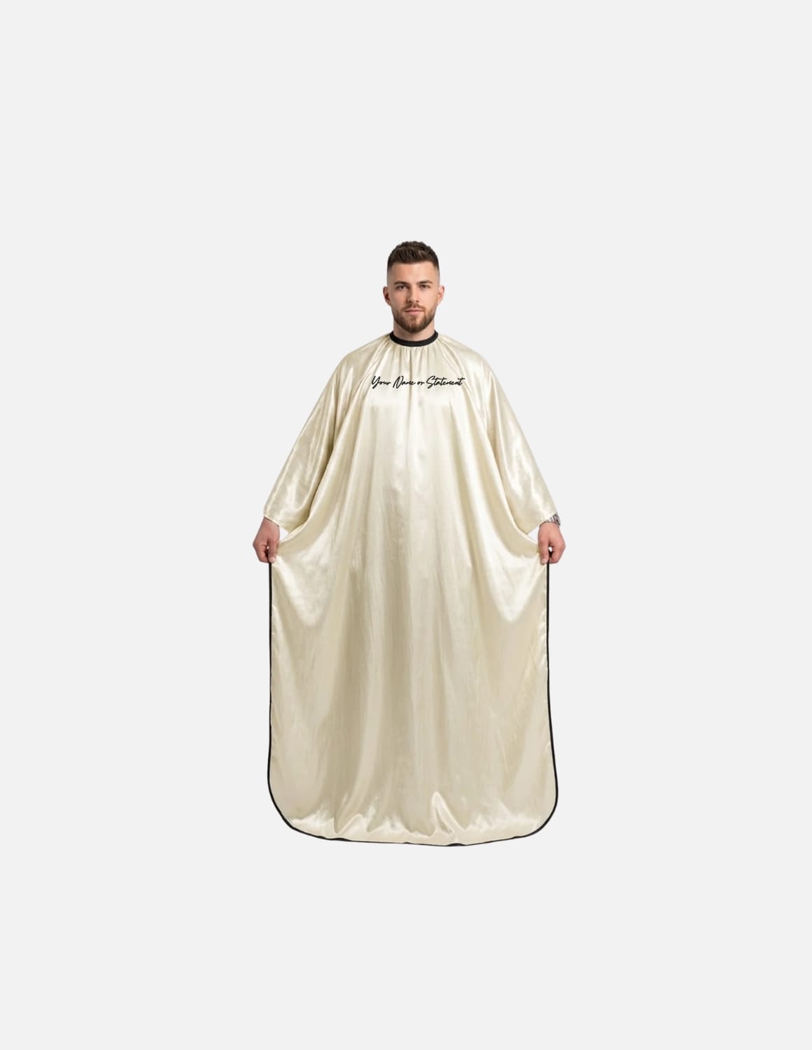 Premium satinbarberkappa med kimono-armöppningar och sidenlook – Broderad med din logotyp | Frisörkappa & satinkappa