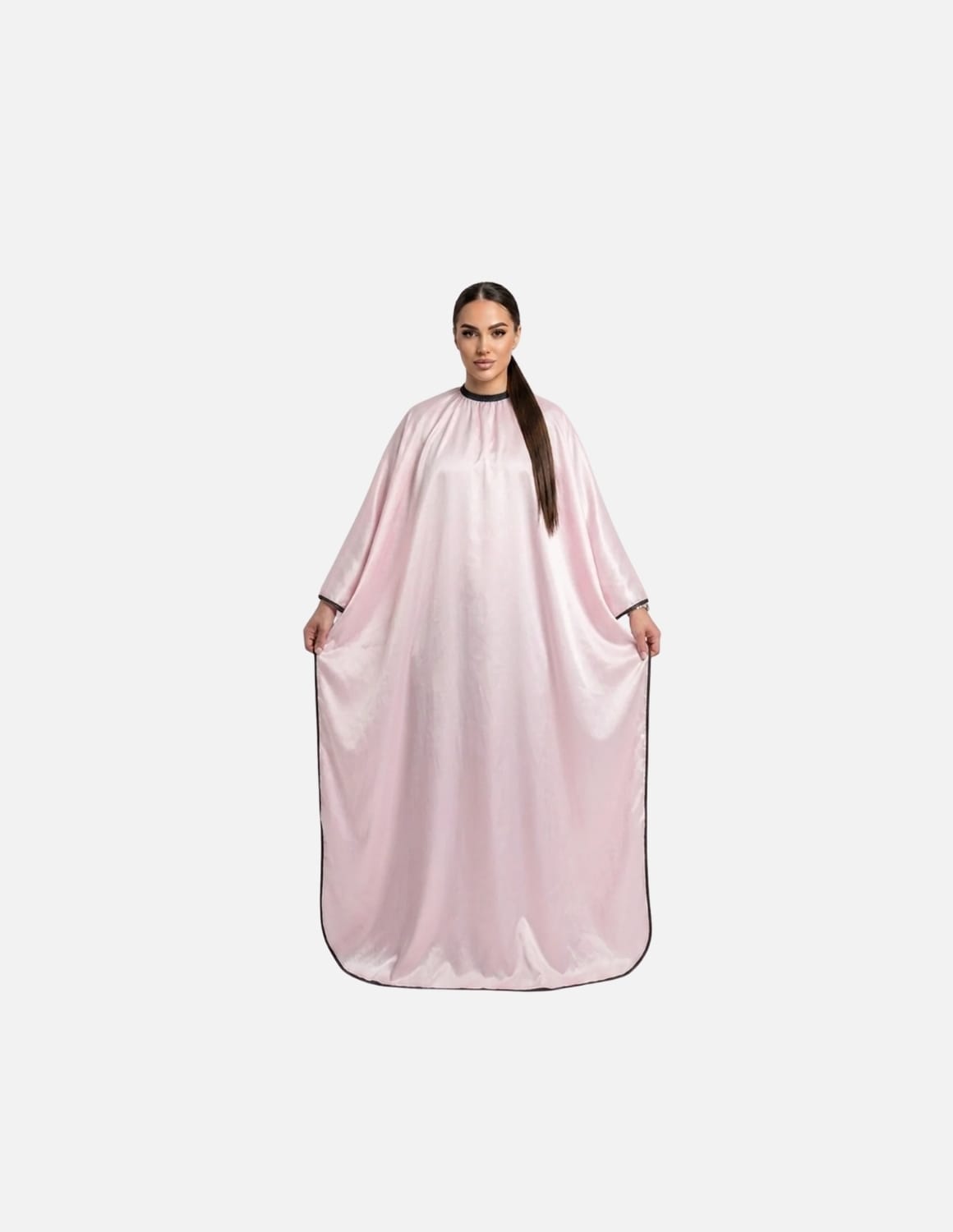 Premium satinbarberkappa med kimono-armöppningar och sidenlook – Utan logotyp | Frisörkappa & satinkappa