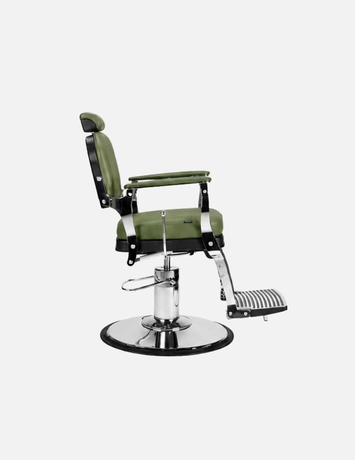 Atelier — Green Professional Barber Chair | Minimalist Barber Chair with Reclining Backrest for Modern Barbershops & Hair Salons | Chrome or Matte Black Frame