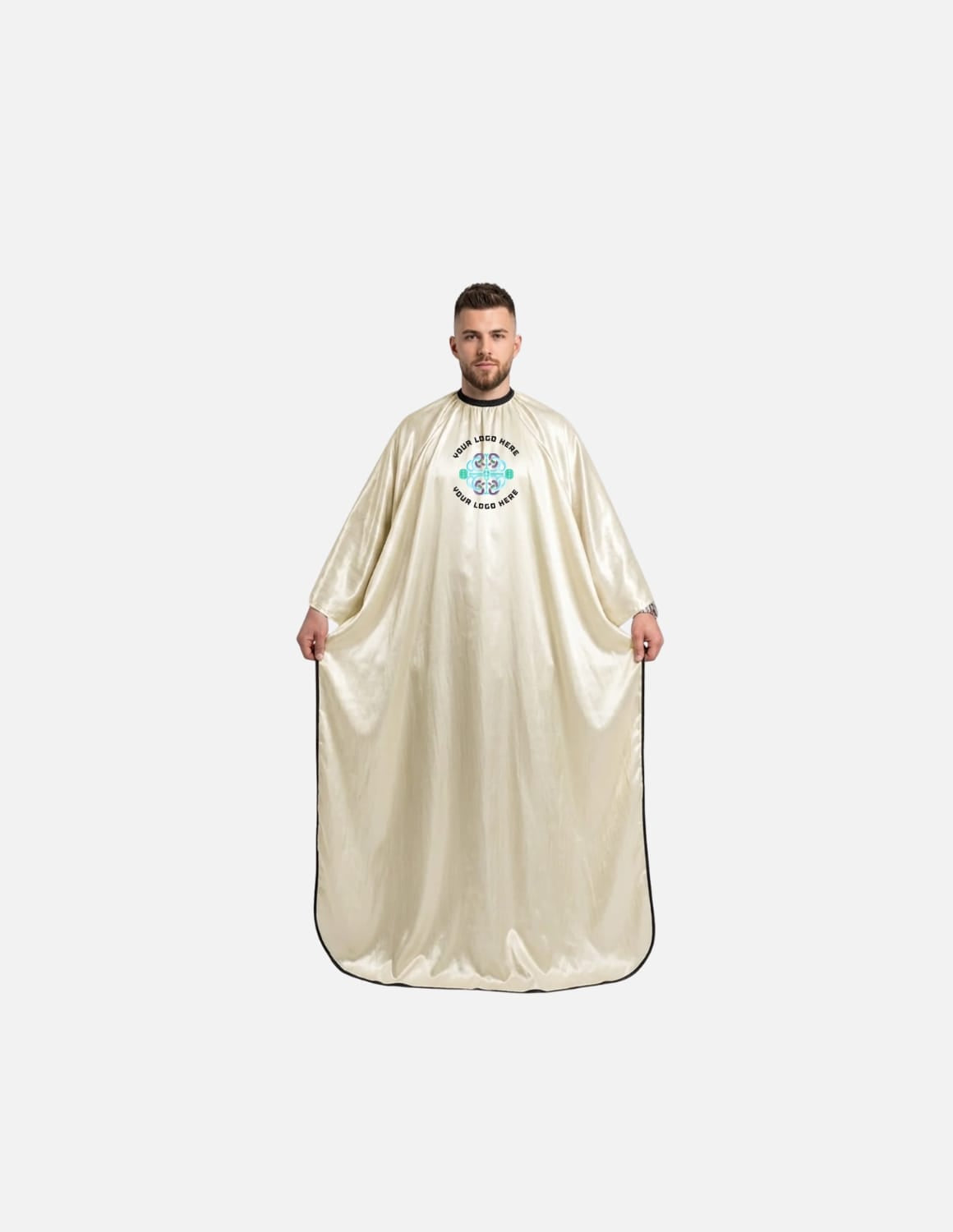 Premium satinbarberkappa med kimono-armöppningar och sidenlook – Broderad med din logotyp | Frisörkappa & satinkappa