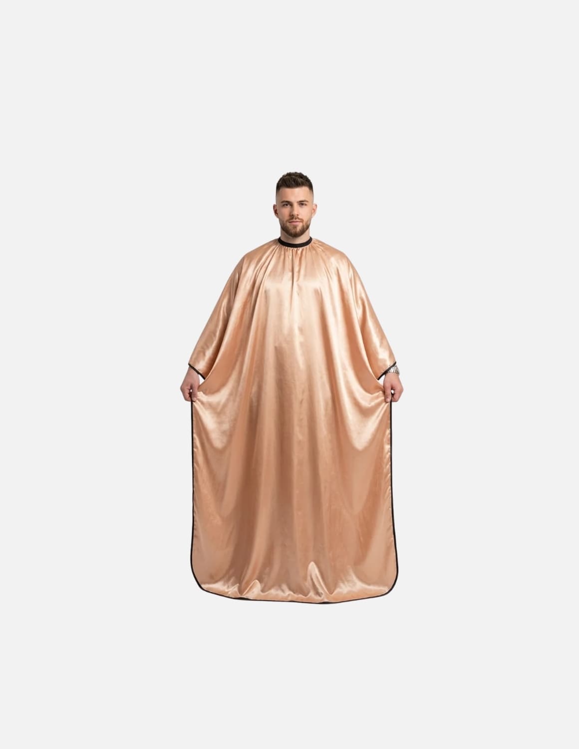 Premium satinbarberkappa med kimono-armöppningar och sidenlook – Utan logotyp | Frisörkappa & satinkappa