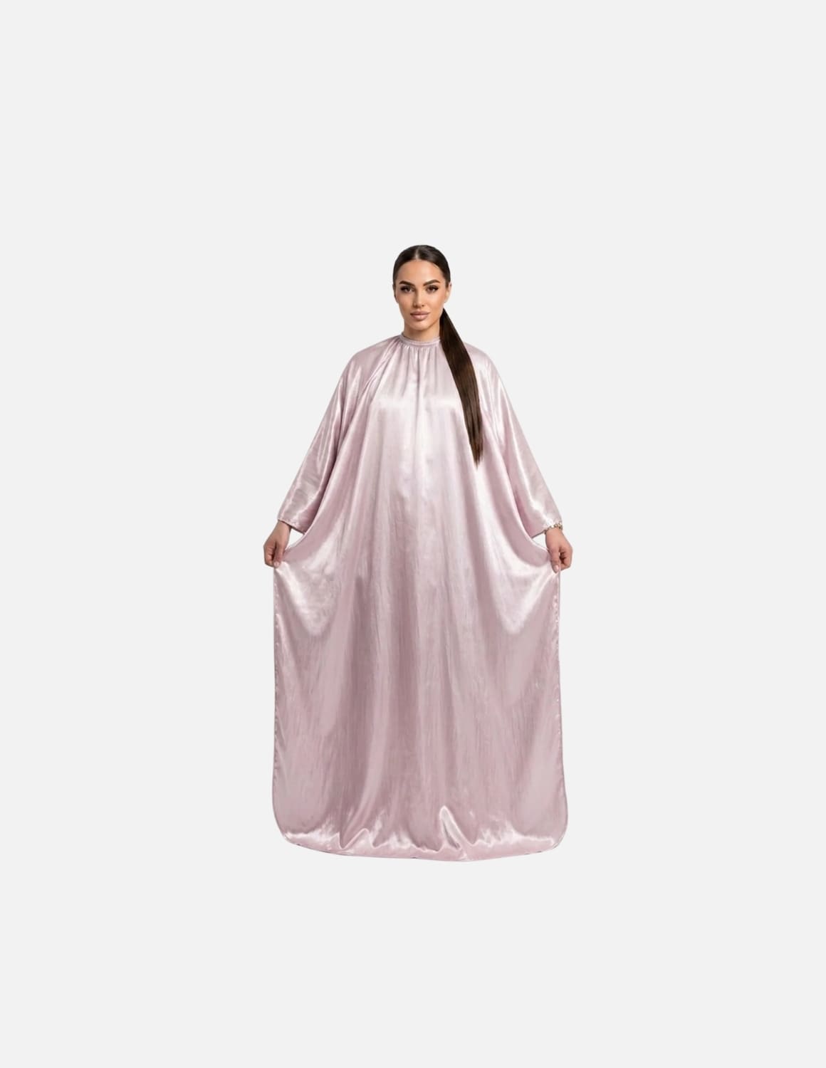 Premium satinbarberkappa med kimono-armöppningar och sidenlook – Utan logotyp | Frisörkappa & satinkappa