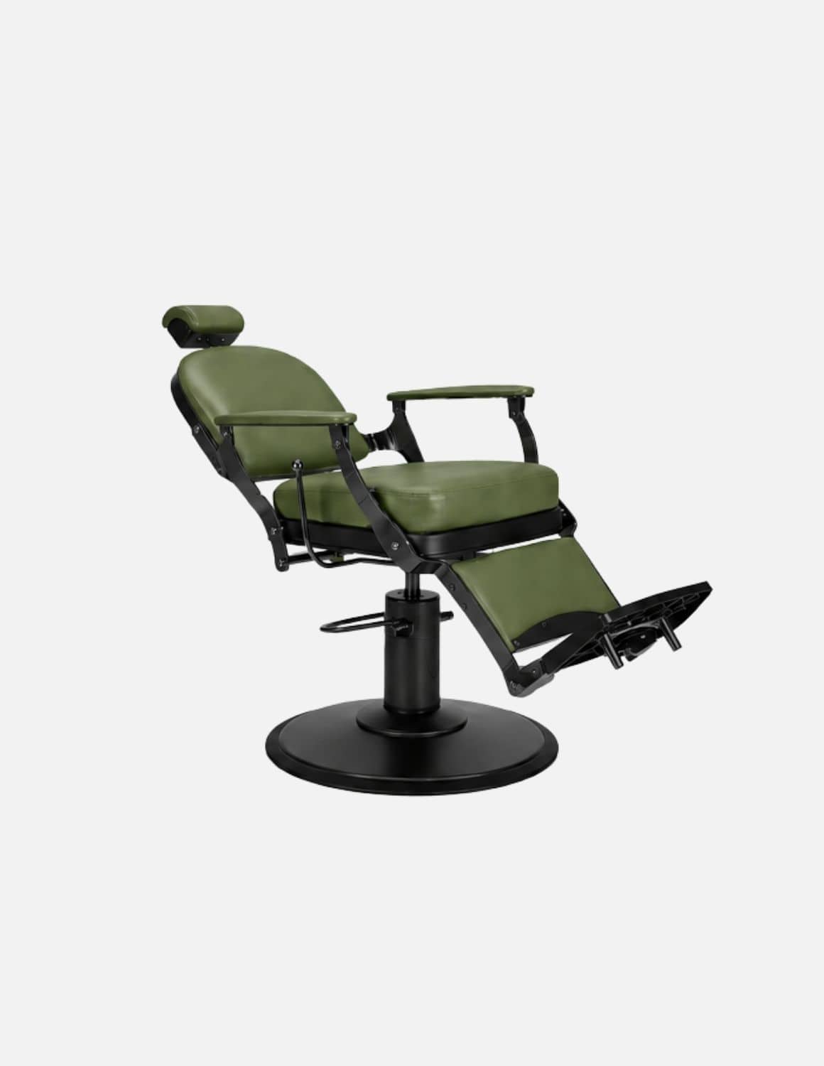 Atelier — Green Professional Barber Chair | Minimalist Barber Chair with Reclining Backrest for Modern Barbershops & Hair Salons | Chrome or Matte Black Frame