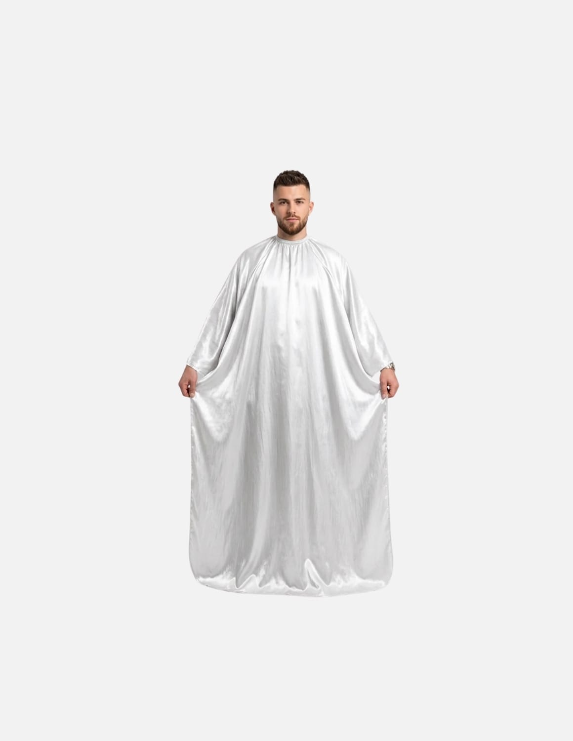 Premium satinbarberkappa med kimono-armöppningar och sidenlook – Utan logotyp | Frisörkappa & satinkappa