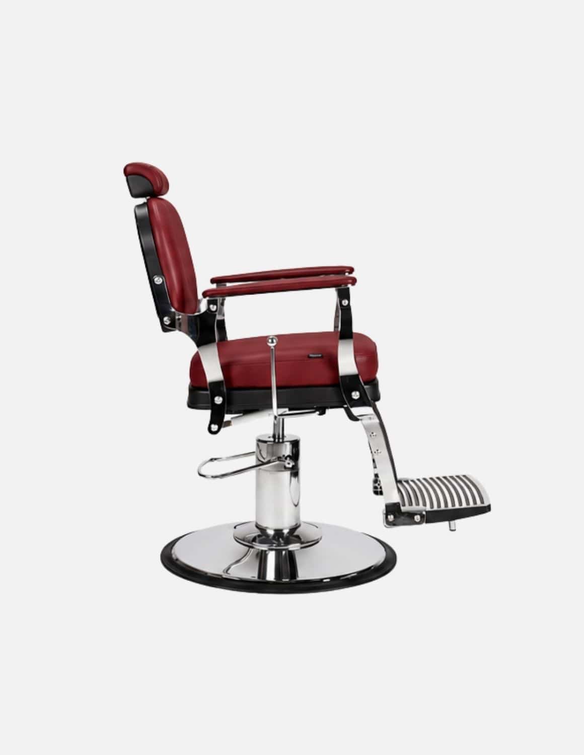 Atelier — Dark Red Barber Chair & Salon Chair in a Minimalist Design | Slim Hydraulic Chair with Reclining Backrest — Chrome or Matte Black Frame