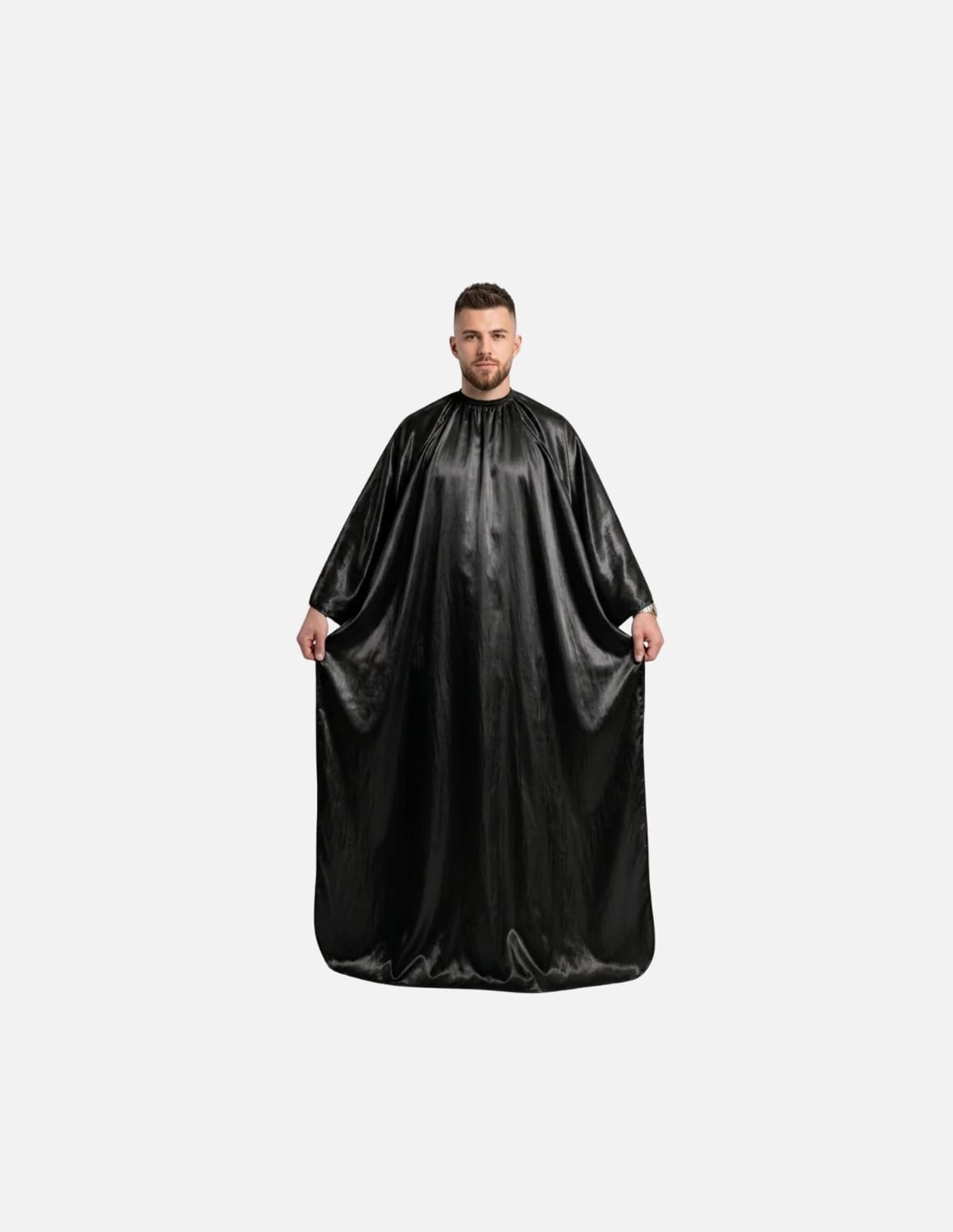 Premium satinbarberkappa med kimono-armöppningar och sidenlook – Utan logotyp | Frisörkappa & satinkappa