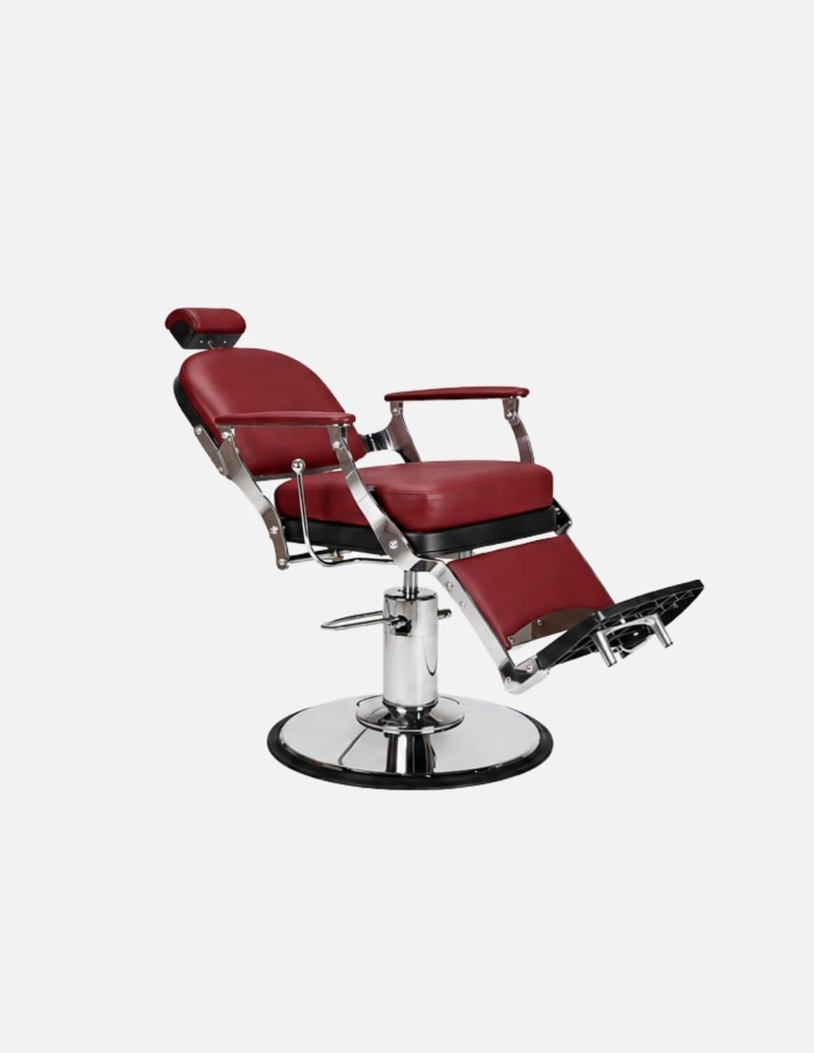 Atelier — Dark Red Barber Chair & Salon Chair in a Minimalist Design | Slim Hydraulic Chair with Reclining Backrest — Chrome or Matte Black Frame