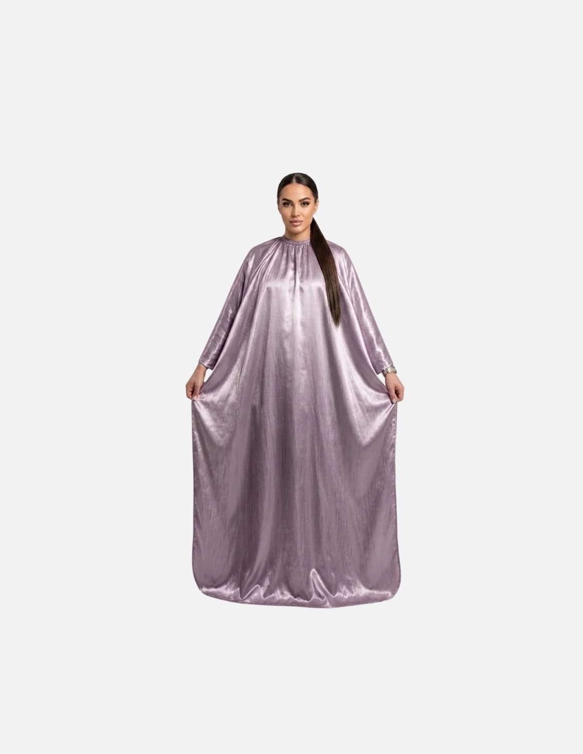 Premium satinbarberkappa med kimono-armöppningar och sidenlook – Utan logotyp | Frisörkappa & satinkappa