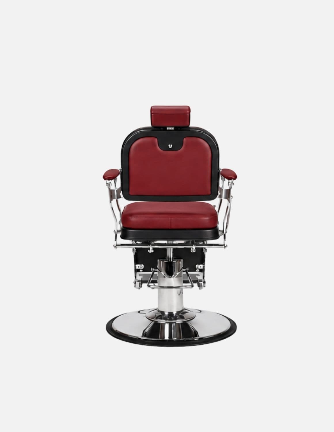 Atelier — Dark Red Barber Chair & Salon Chair in a Minimalist Design | Slim Hydraulic Chair with Reclining Backrest — Chrome or Matte Black Frame
