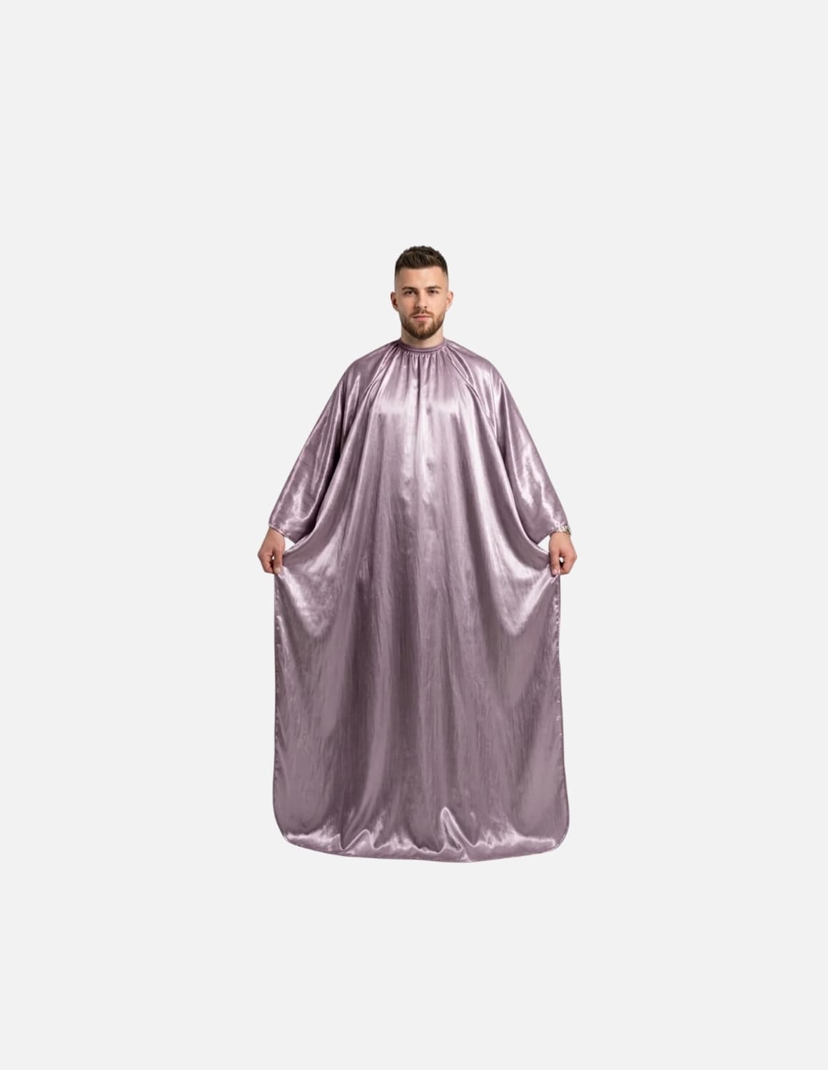 Premium satinbarberkappa med kimono-armöppningar och sidenlook – Utan logotyp | Frisörkappa & satinkappa