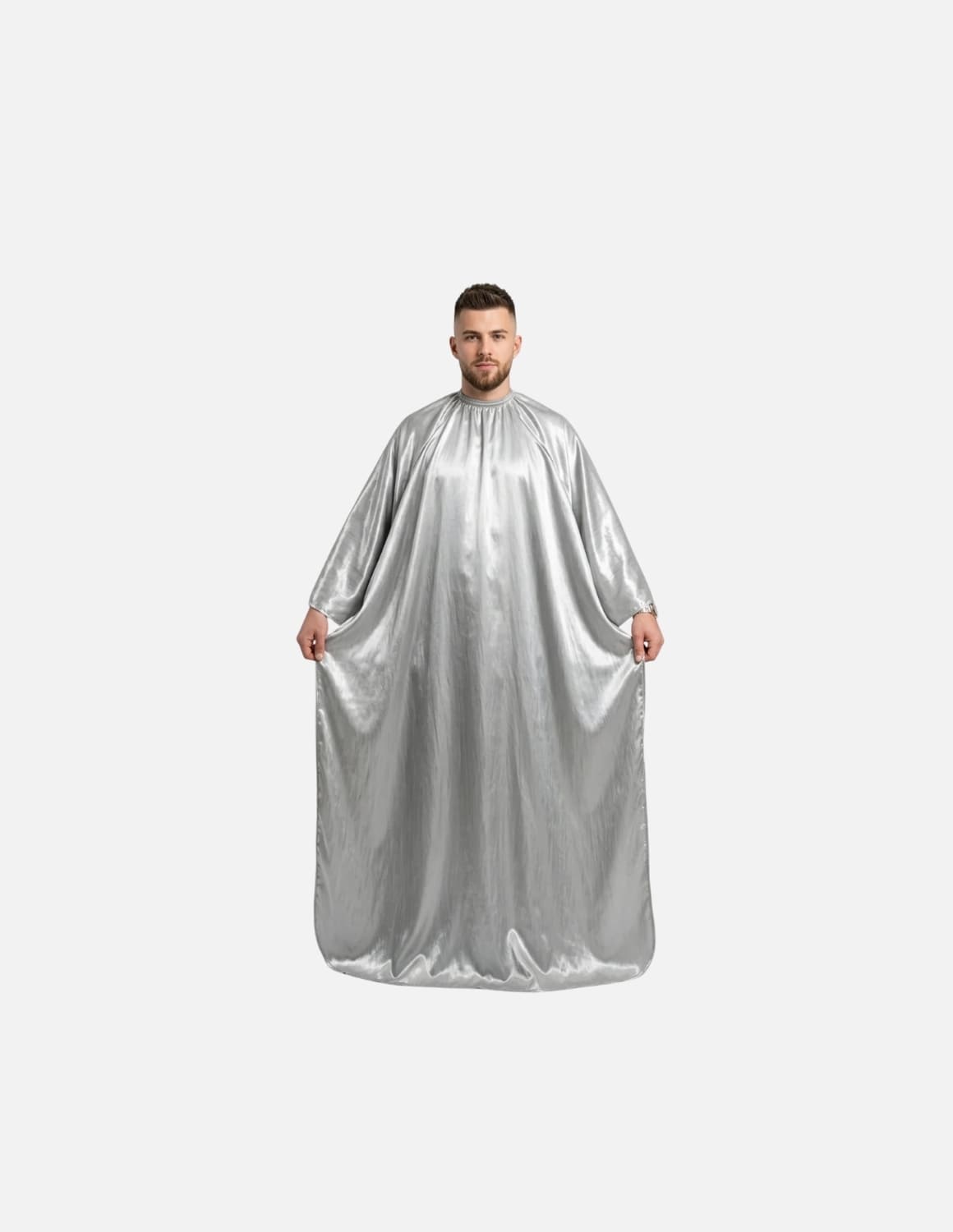 Premium satinbarberkappa med kimono-armöppningar och sidenlook – Utan logotyp | Frisörkappa & satinkappa