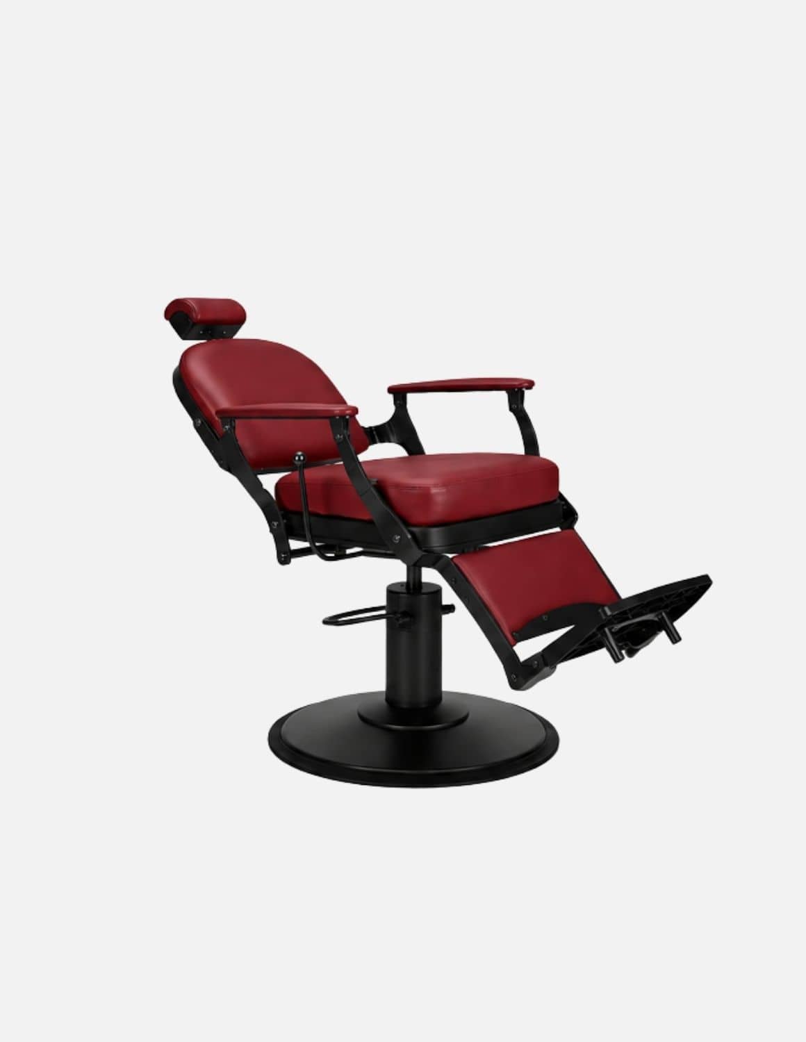 Atelier — Dark Red Barber Chair & Salon Chair in a Minimalist Design | Slim Hydraulic Chair with Reclining Backrest — Chrome or Matte Black Frame