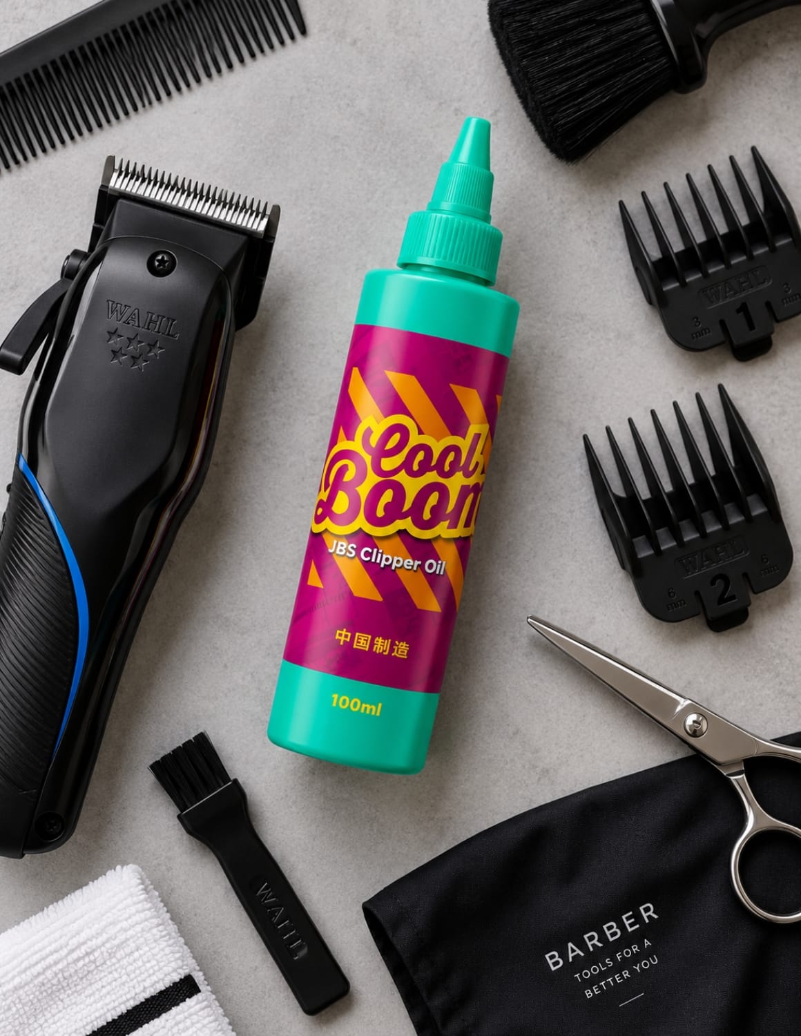 JBS Cool Boom olej na strojky — Univerzální olej na čepele pro clippery, zastřihovače a strojky na vlasy | Olej na strojky pro barbery a kadeřníky, 100 ml
