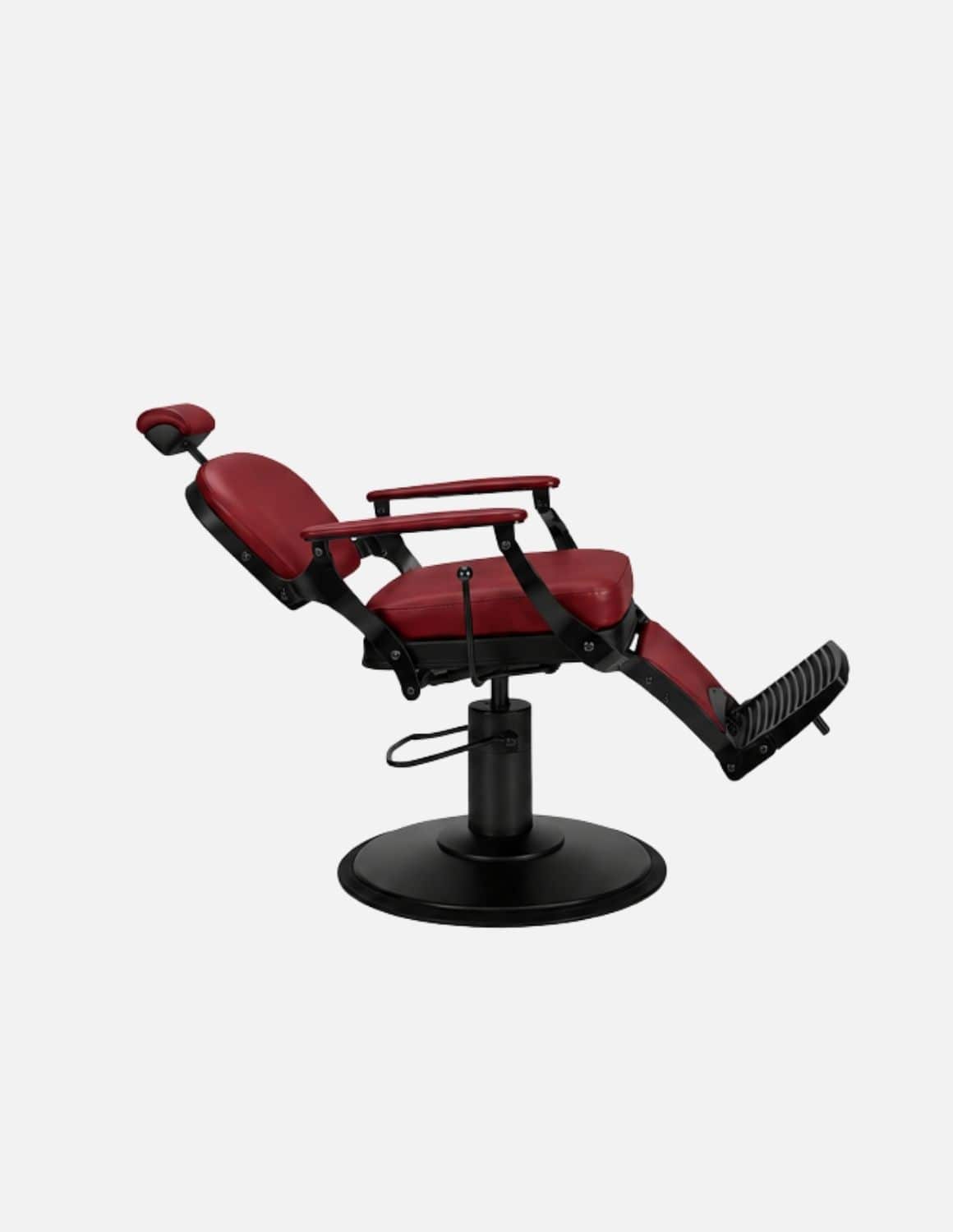 Atelier — Dark Red Barber Chair & Salon Chair in a Minimalist Design | Slim Hydraulic Chair with Reclining Backrest — Chrome or Matte Black Frame