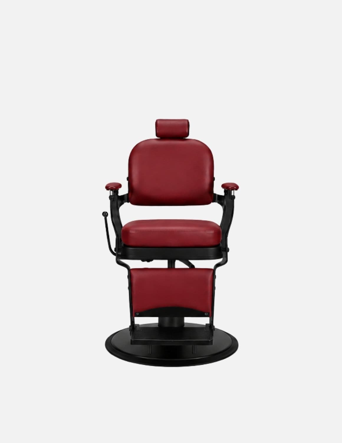 Atelier — Dark Red Barber Chair & Salon Chair in a Minimalist Design | Slim Hydraulic Chair with Reclining Backrest — Chrome or Matte Black Frame