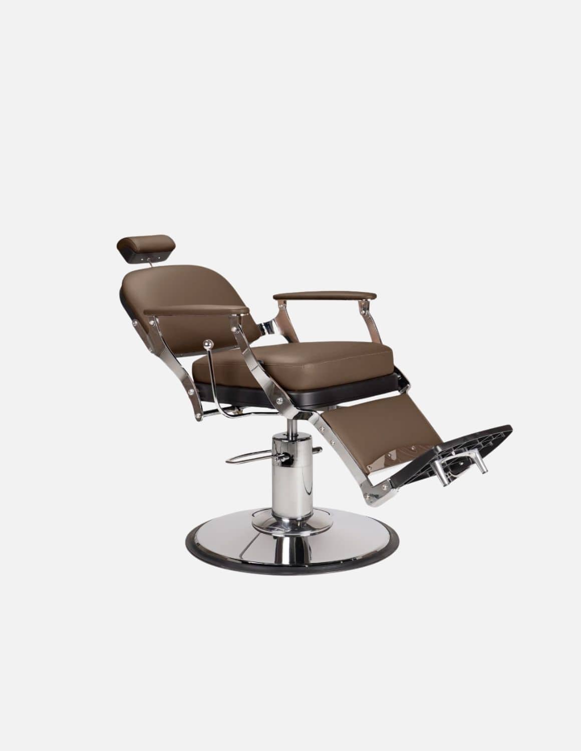 Atelier — Brown Barber Chair & Salon Chair in a Minimalist Design | Slim Hydraulic Chair with Reclining Backrest — Chrome or Matte Black Frame