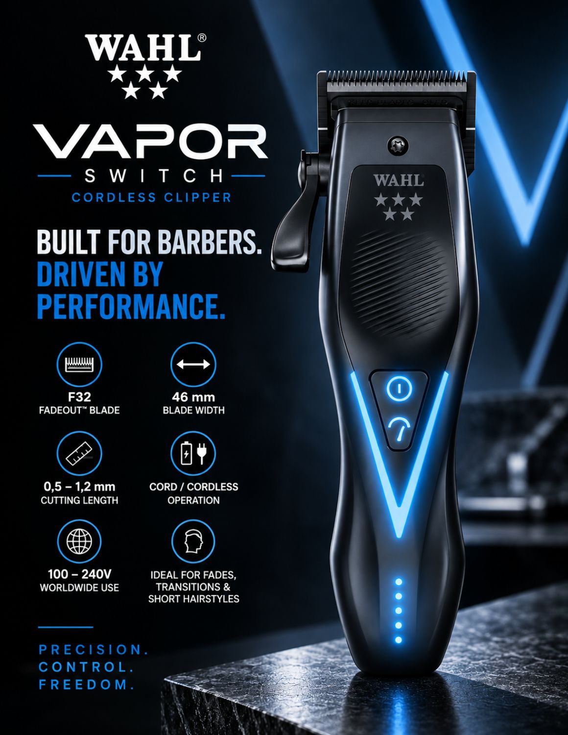 WAHL Vapor Switch bezdrôtový čierny strojček — čepeľ F32 Fadeout™ | Profesionálny akumulátorový strojček na vlasy