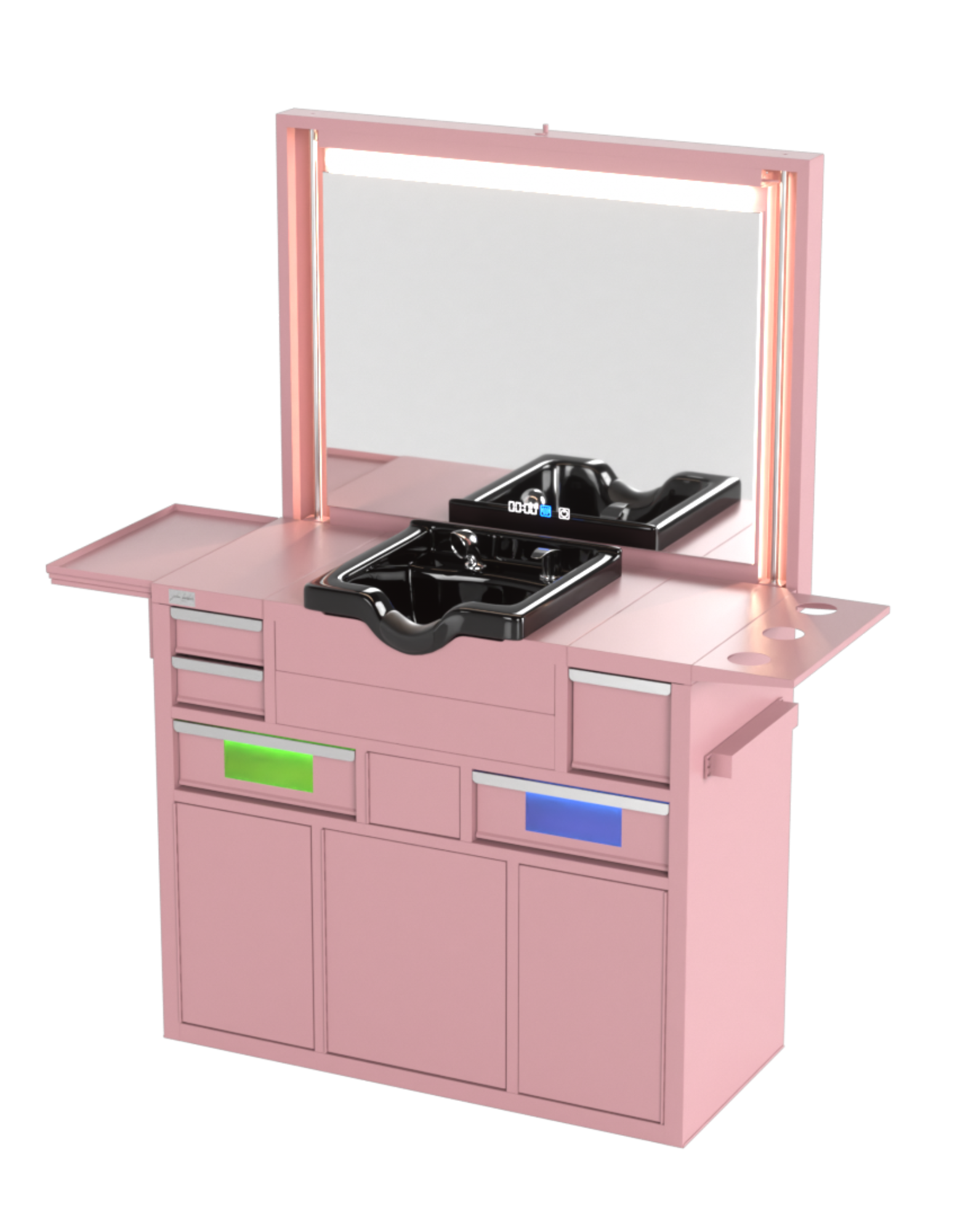 Berber Çalışma İstasyonu "Evolution" – Altı Renk Seçeneği ile Çalışma Alanı – UV Dezenfeksiyon – Lavabo – LED Işıklı Ayna