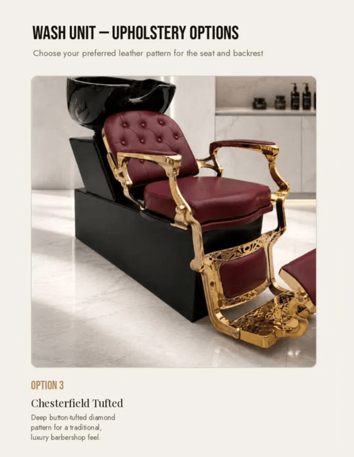 Poltrona lavatesta Barber personalizzata con lavabo in ceramica nera | Unità lavaggio di lusso personalizzata per barber shop e saloni professionali