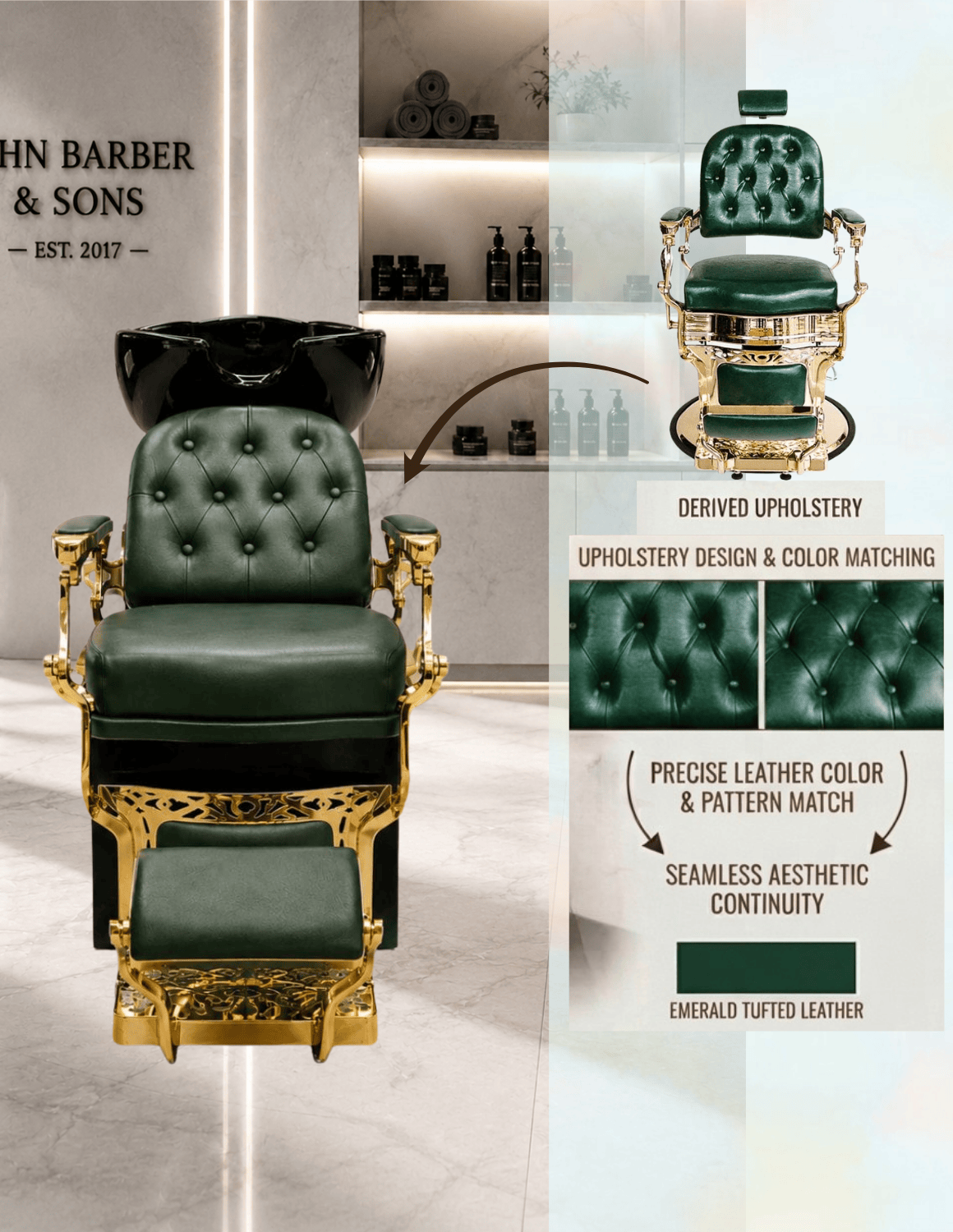 Poltrona lavatesta Barber personalizzata con lavabo in ceramica nera | Unità lavaggio di lusso personalizzata per barber shop e saloni professionali