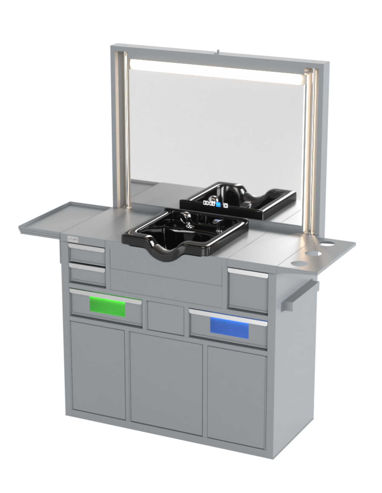 Berber Çalışma İstasyonu "Evolution" – Altı Renk Seçeneği ile Çalışma Alanı – UV Dezenfeksiyon – Lavabo – LED Işıklı Ayna