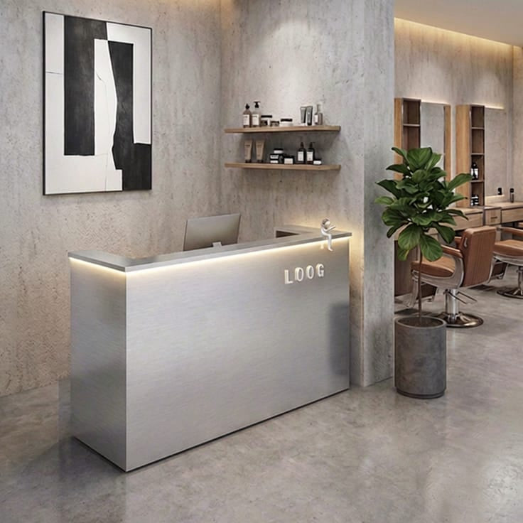 EDGE — Minimalist Aluminum Reception Counter for Barbershops, Hair Salons & Beauty Studios | Reception Desk & Reception Counter with LED Lighting & Logo Lettering