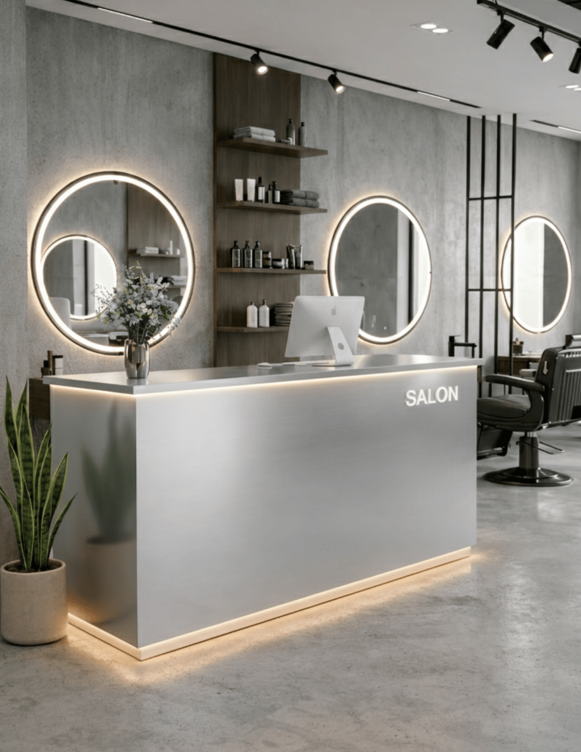 EDGE — Minimalist Aluminum Reception Counter for Barbershops, Hair Salons & Beauty Studios | Reception Desk & Reception Counter with LED Lighting & Logo Lettering
