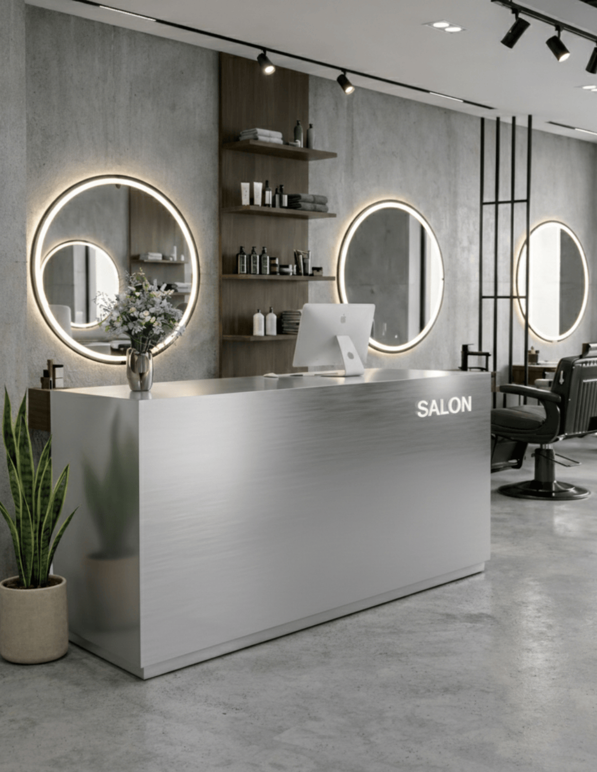 EDGE — Minimalist Aluminum Reception Counter for Barbershops, Hair Salons & Beauty Studios | Reception Desk & Reception Counter with LED Lighting & Logo Lettering