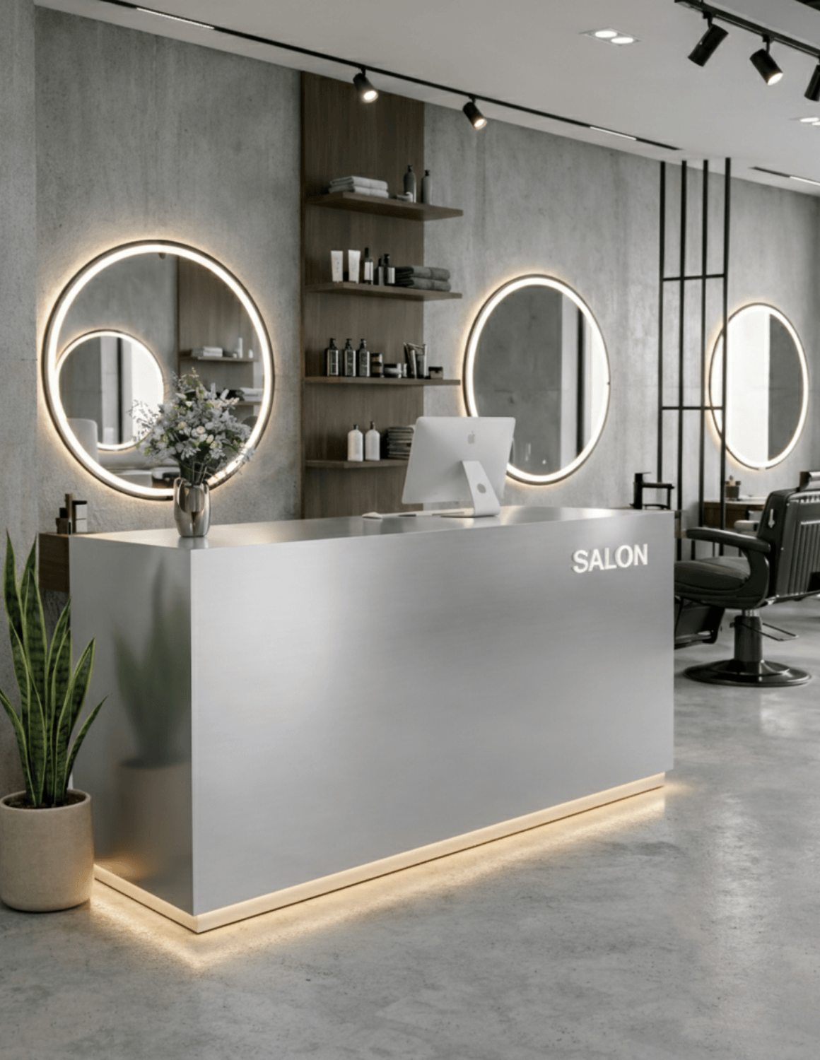 EDGE — Minimalist Aluminum Reception Counter for Barbershops, Hair Salons & Beauty Studios | Reception Desk & Reception Counter with LED Lighting & Logo Lettering