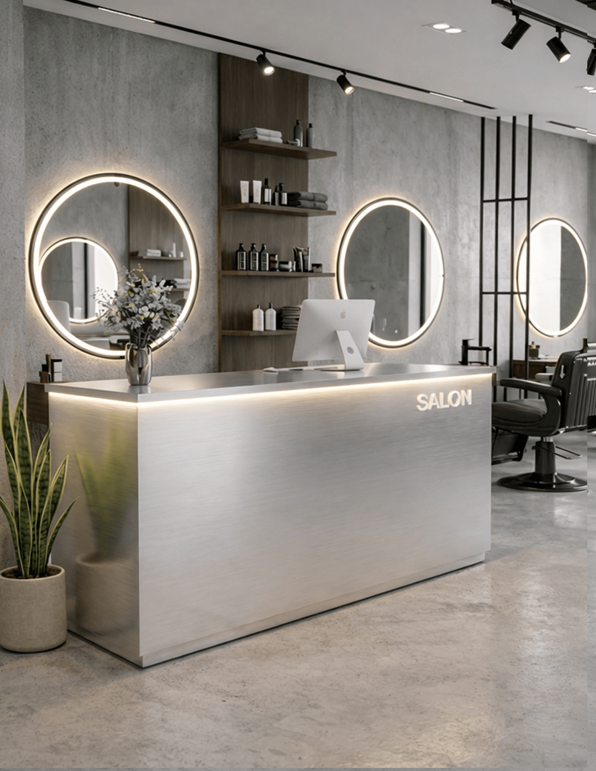 EDGE — Minimalist Aluminum Reception Counter for Barbershops, Hair Salons & Beauty Studios | Reception Desk & Reception Counter with LED Lighting & Logo Lettering
