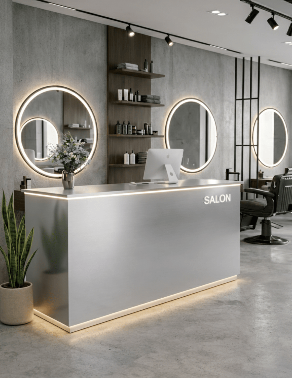 EDGE — Minimalist Aluminum Reception Counter for Barbershops, Hair Salons & Beauty Studios | Reception Desk & Reception Counter with LED Lighting & Logo Lettering