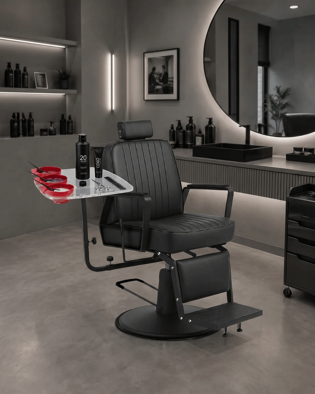 Transparent Rotating Tray for Barber & Salon Chairs – Floating Tray Shelf with Three Mixing Bowls