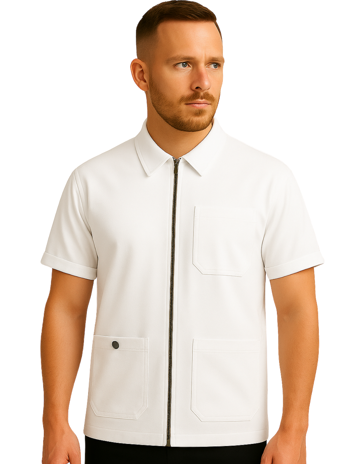 Veste Barber à Fermeture Éclair Manches Courtes – Uniforme Professionnel de Coiffeur avec Logo