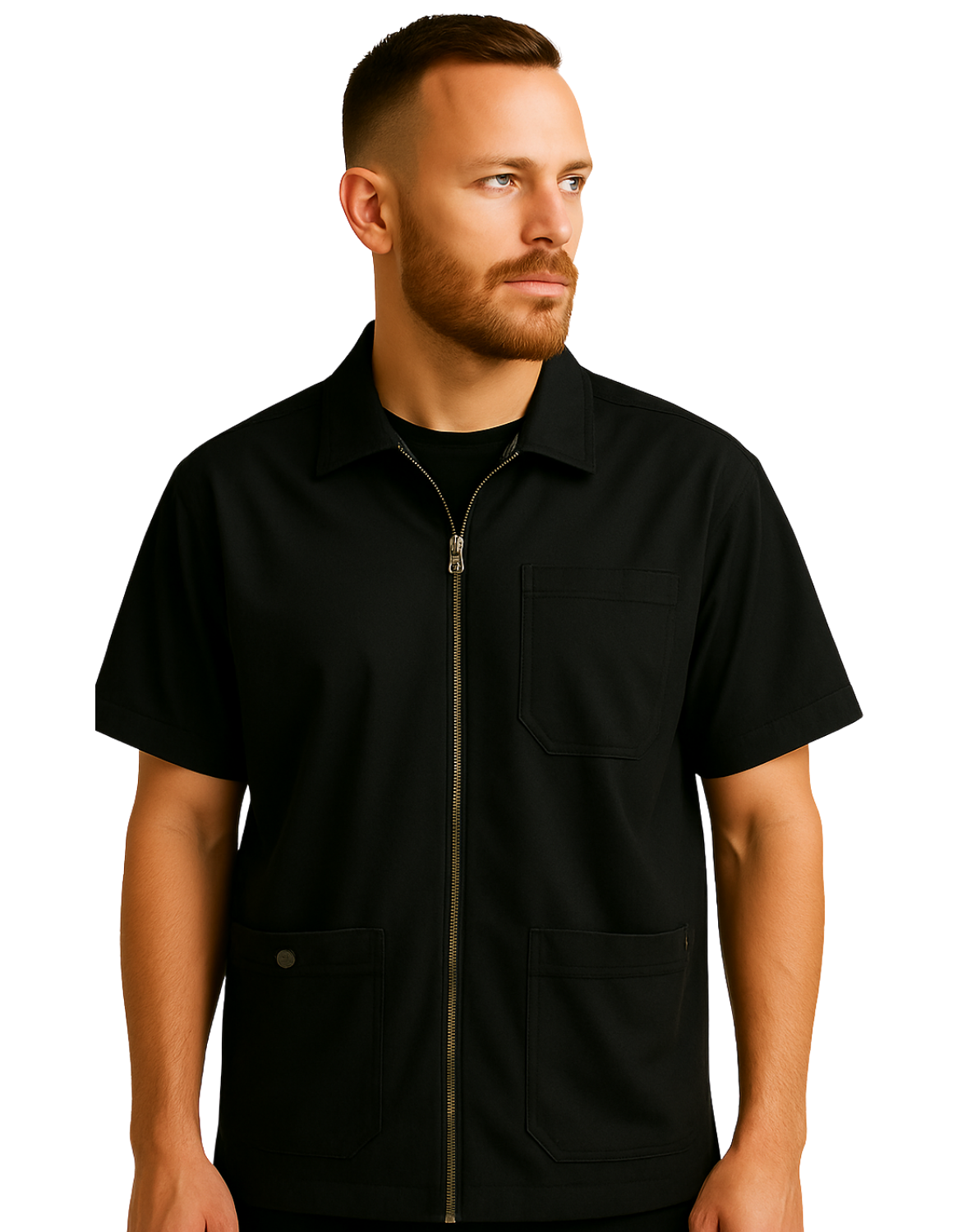 Veste Barber à Fermeture Éclair Manches Courtes – Uniforme Professionnel de Coiffeur avec Logo