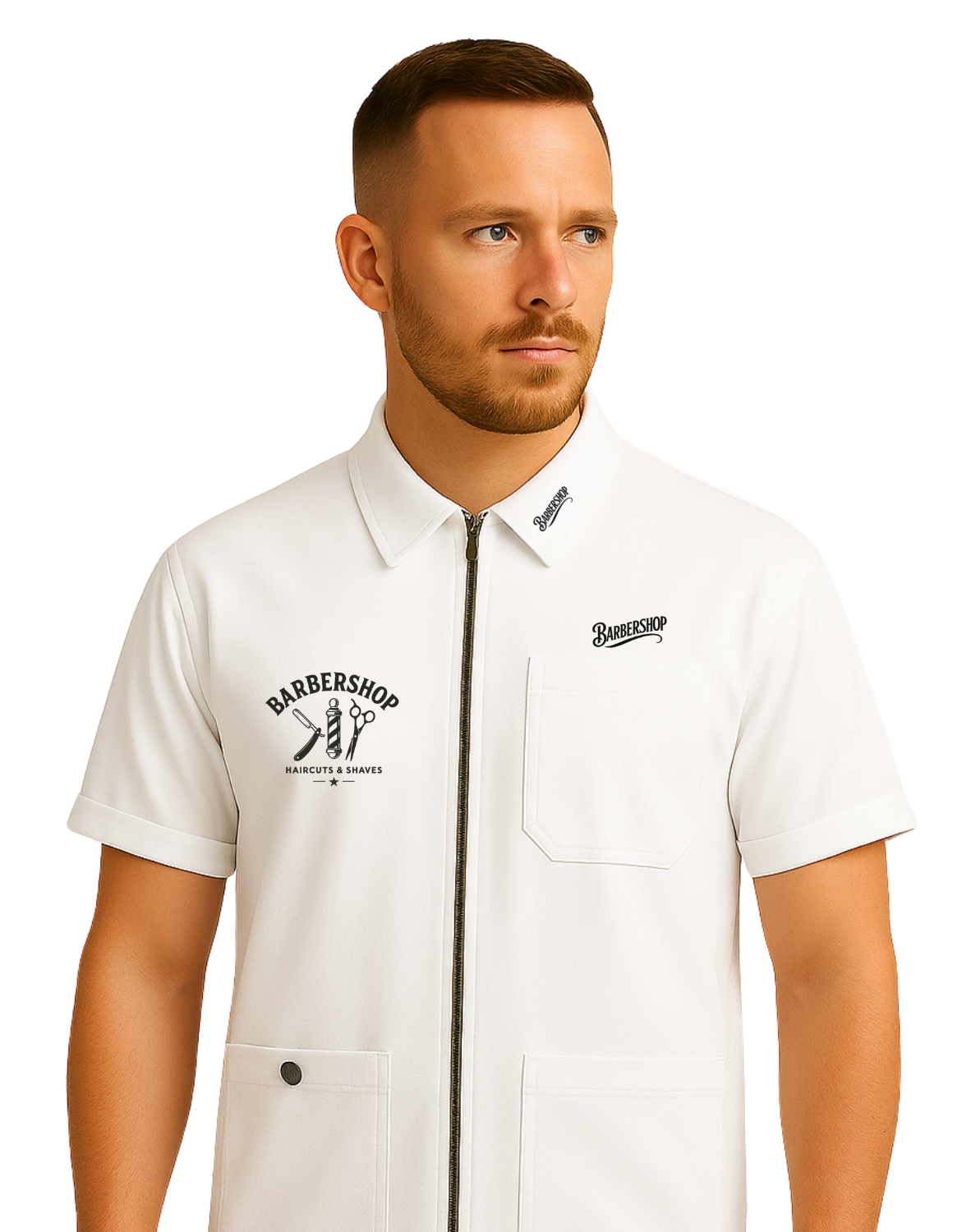 Veste Barber à Fermeture Éclair Manches Courtes – Uniforme Professionnel de Coiffeur avec Logo